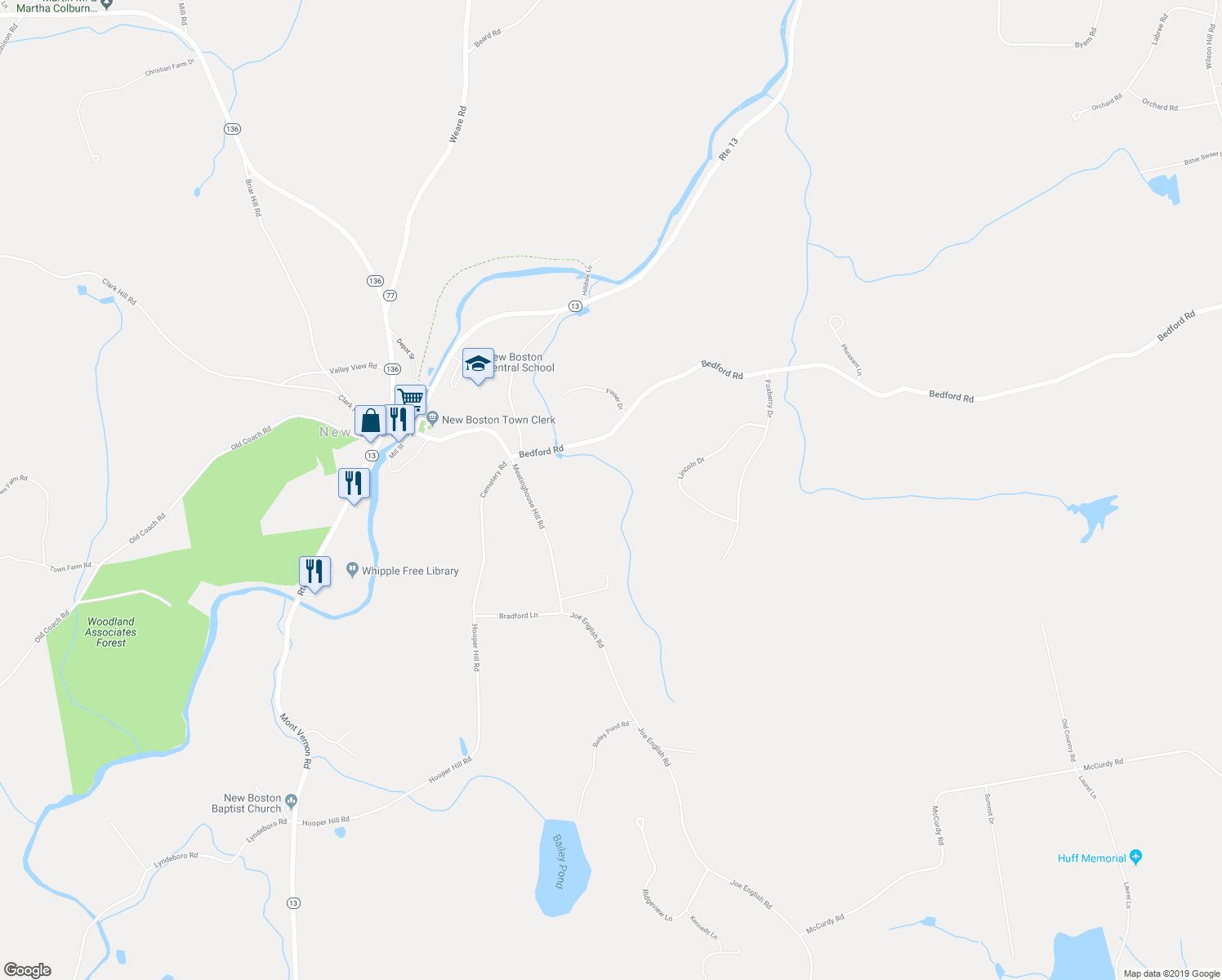 map of restaurants, bars, coffee shops, grocery stores, and more near 28A Bedford Road in New Boston
