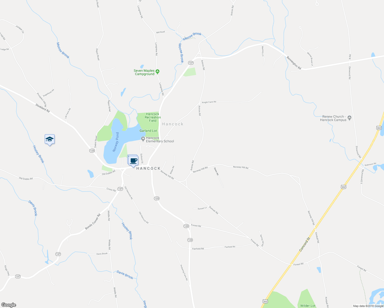 map of restaurants, bars, coffee shops, grocery stores, and more near 18 Antrim Road in Hancock