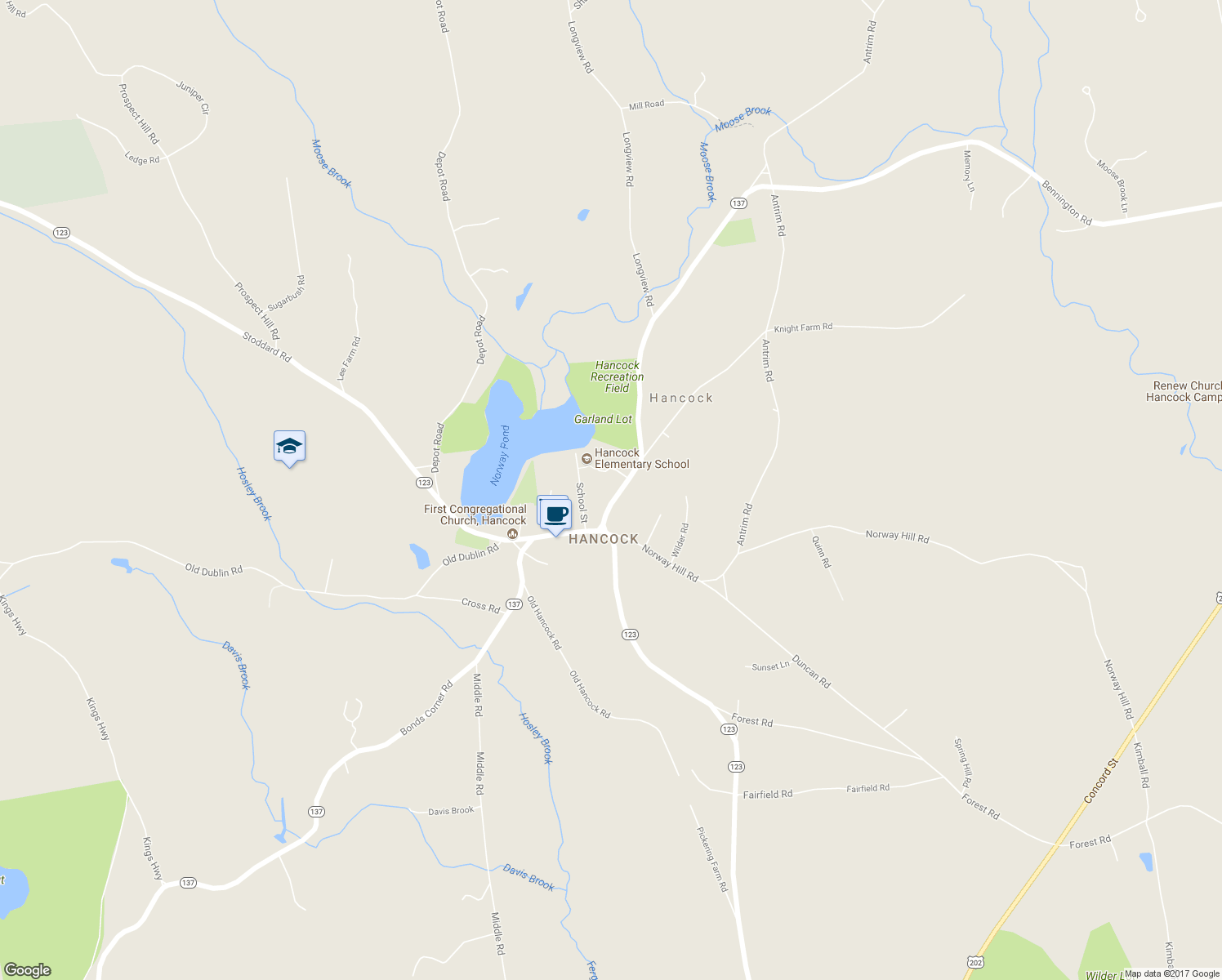 map of restaurants, bars, coffee shops, grocery stores, and more near 10 Bennington Road in Hancock
