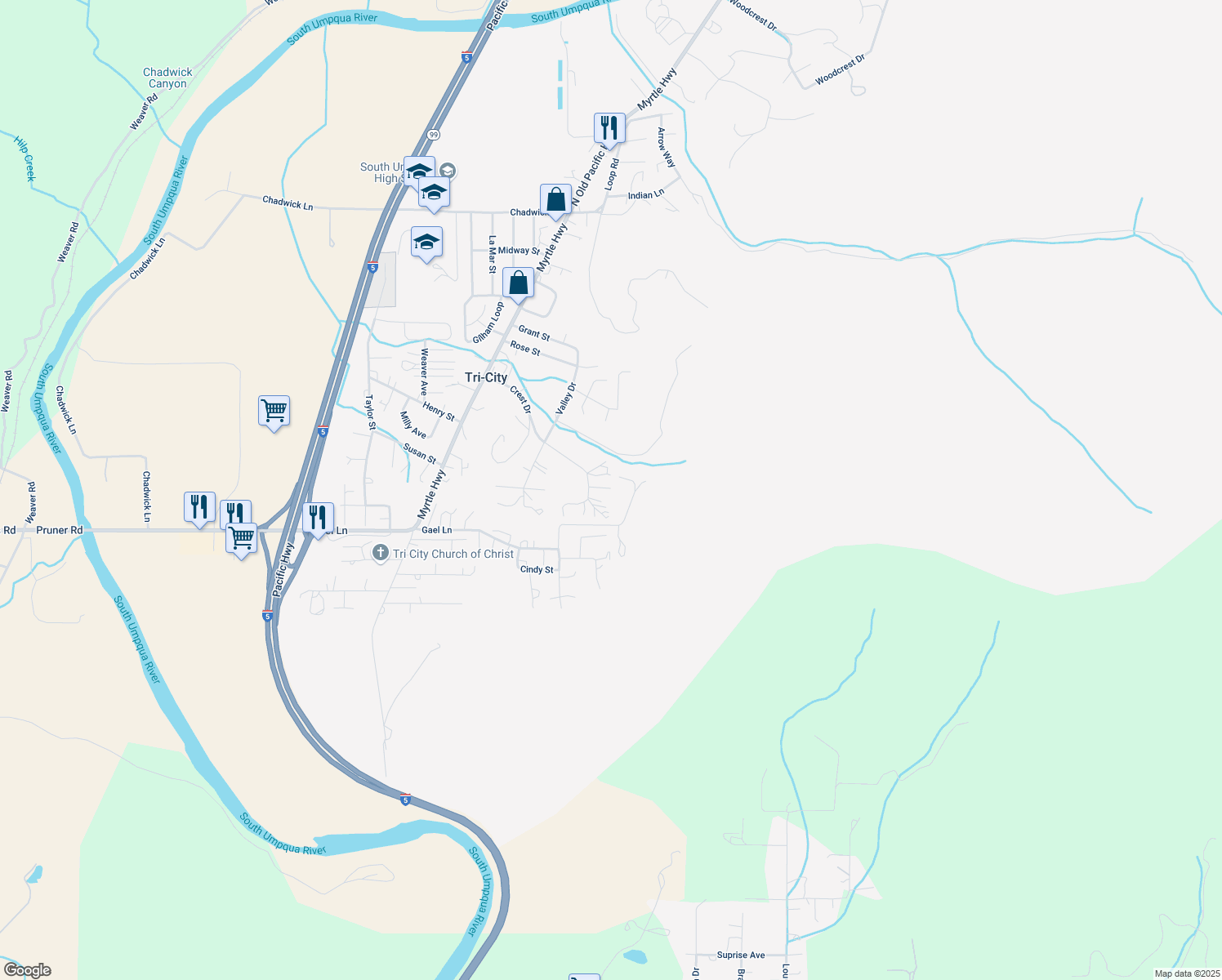 map of restaurants, bars, coffee shops, grocery stores, and more near 345 Crest Drive in Myrtle Creek