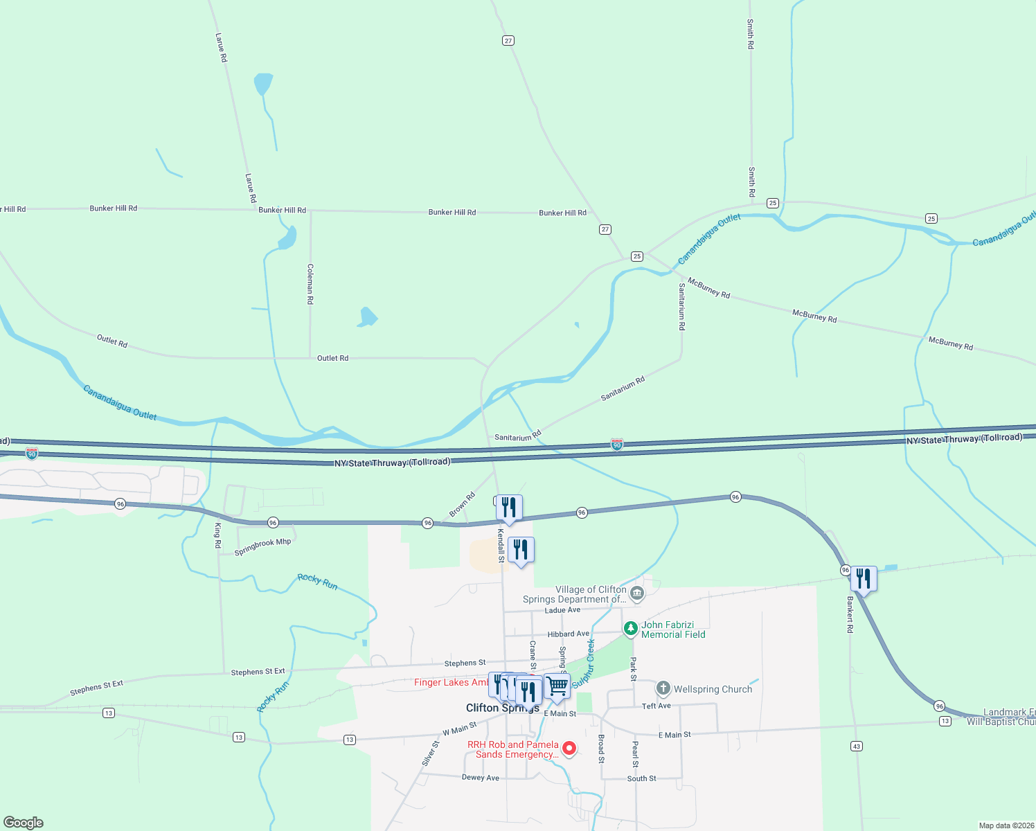 map of restaurants, bars, coffee shops, grocery stores, and more near 2700 Sanitarium Road in Clifton Springs