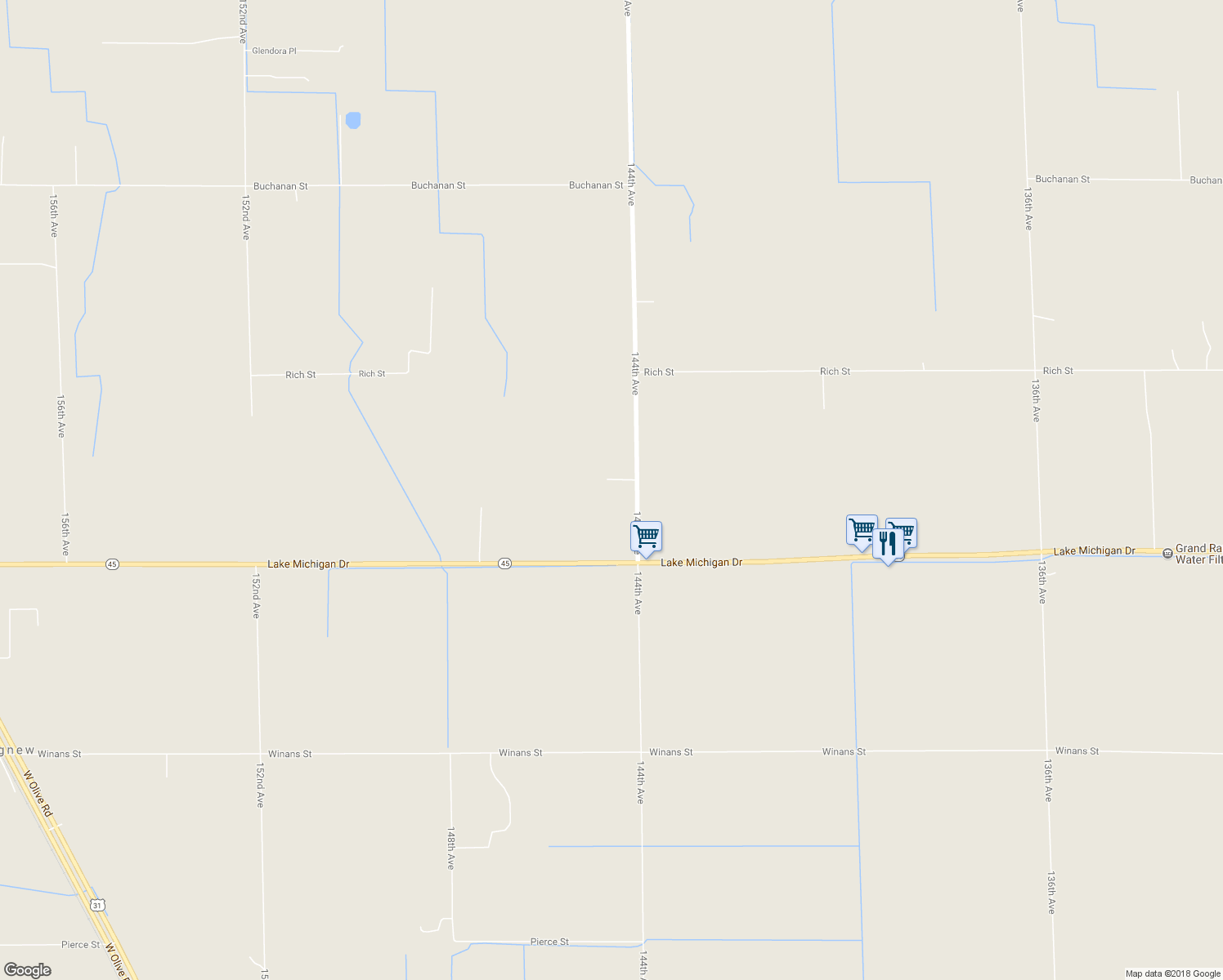 map of restaurants, bars, coffee shops, grocery stores, and more near 11363 144th Avenue in West Olive