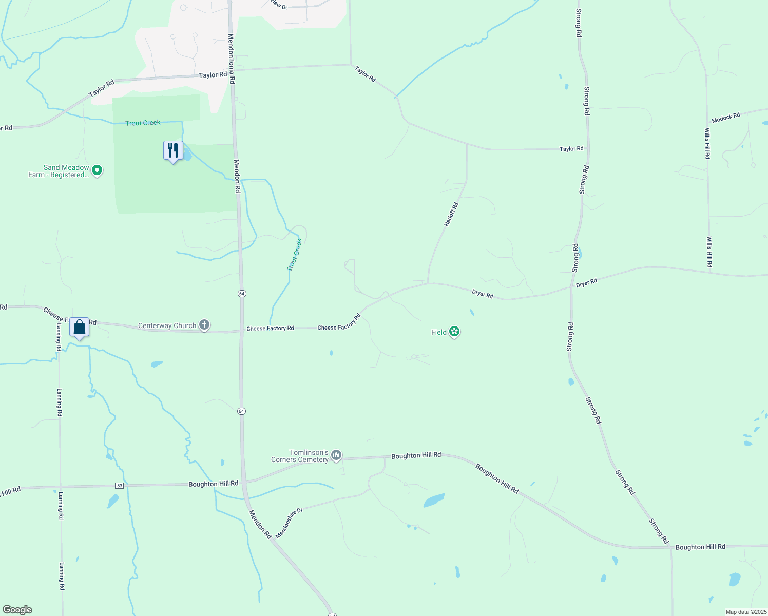 map of restaurants, bars, coffee shops, grocery stores, and more near 1108 Cheese Factory Road in Honeoye Falls