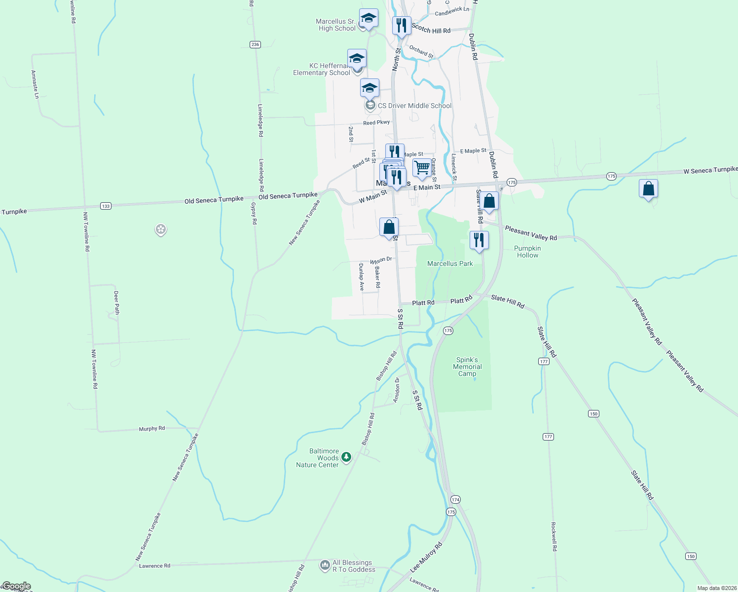 map of restaurants, bars, coffee shops, grocery stores, and more near 3 Hillside Dr in Marcellus