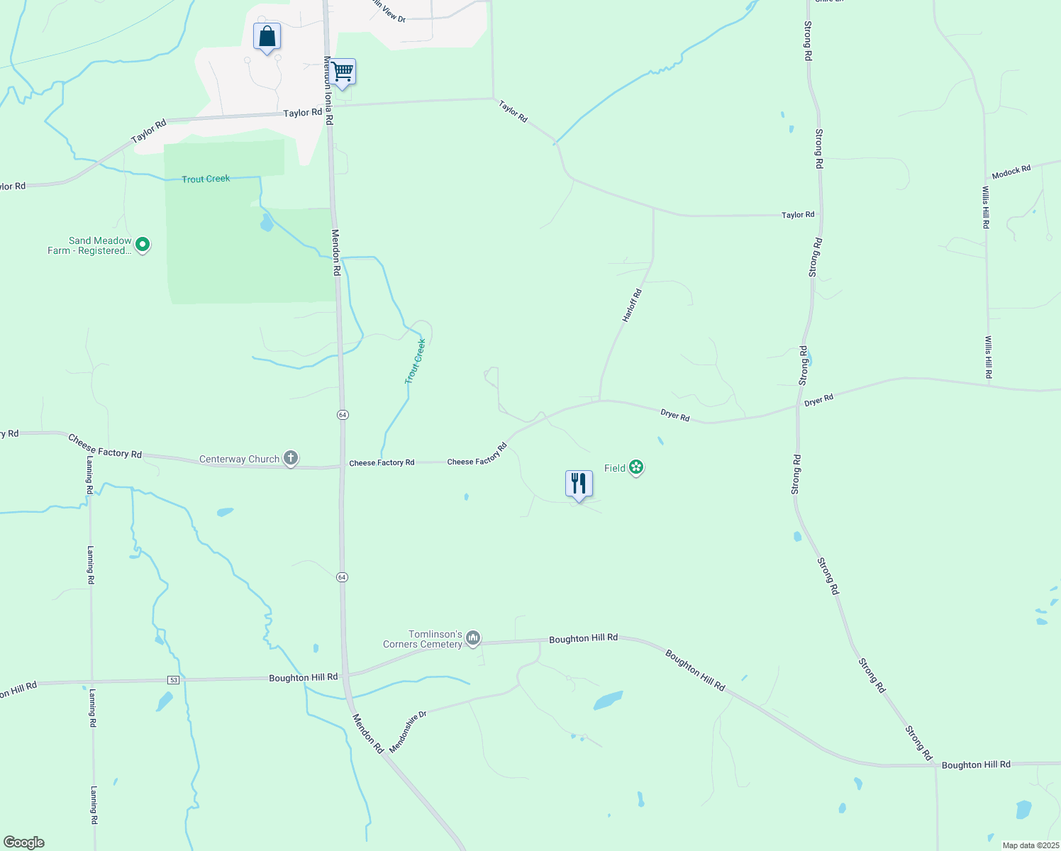 map of restaurants, bars, coffee shops, grocery stores, and more near 1108 Cheese Factory Road in Honeoye Falls