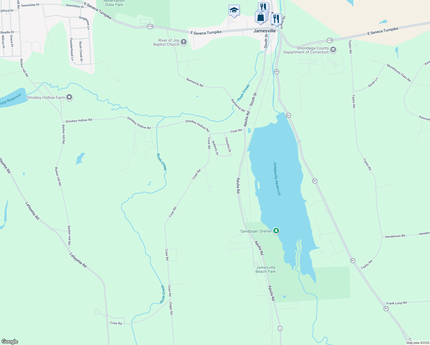 map of restaurants, bars, coffee shops, grocery stores, and more near 6396 Hedgerow Lane in Jamesville