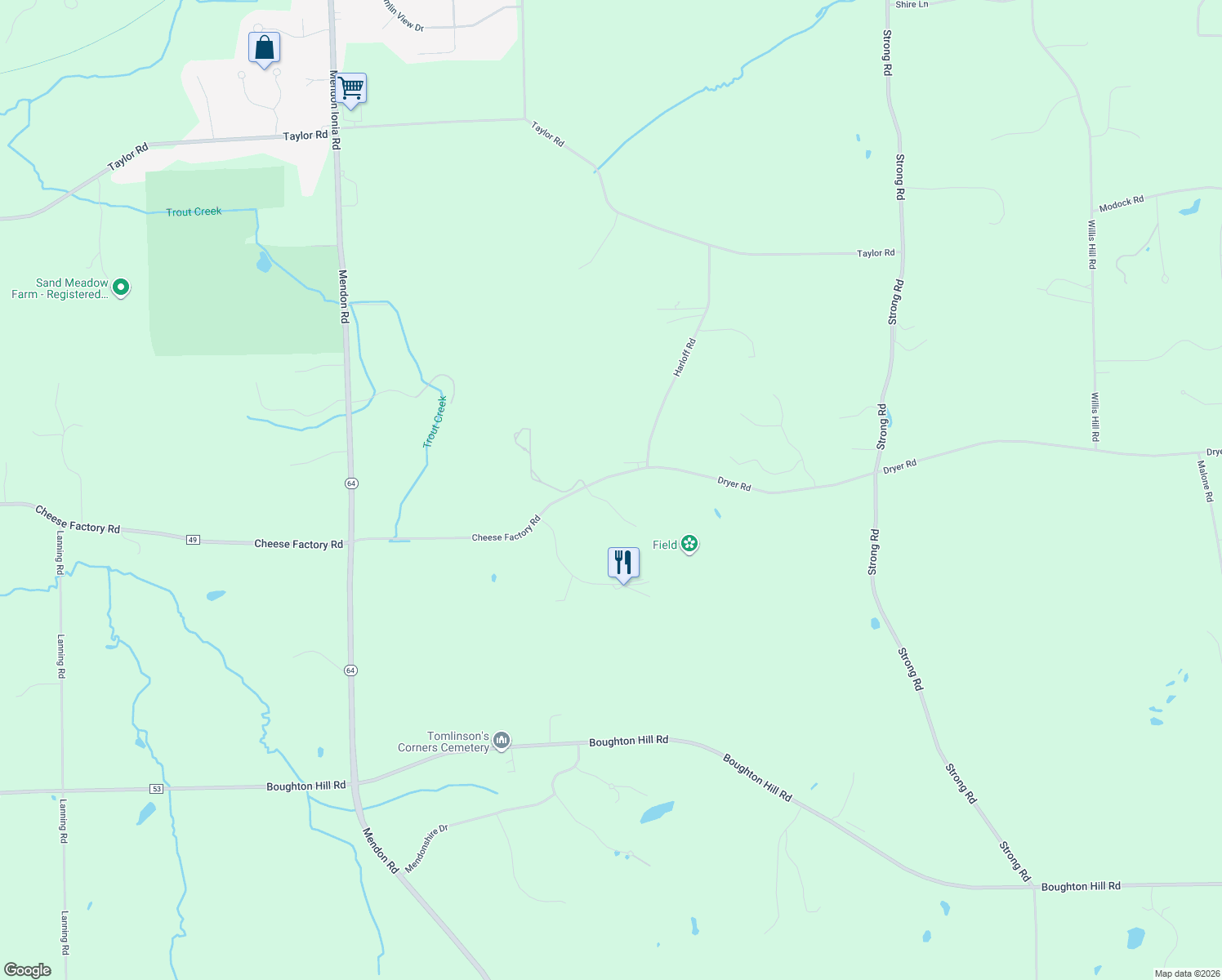 map of restaurants, bars, coffee shops, grocery stores, and more near 5 Partridge Hollow in Honeoye Falls