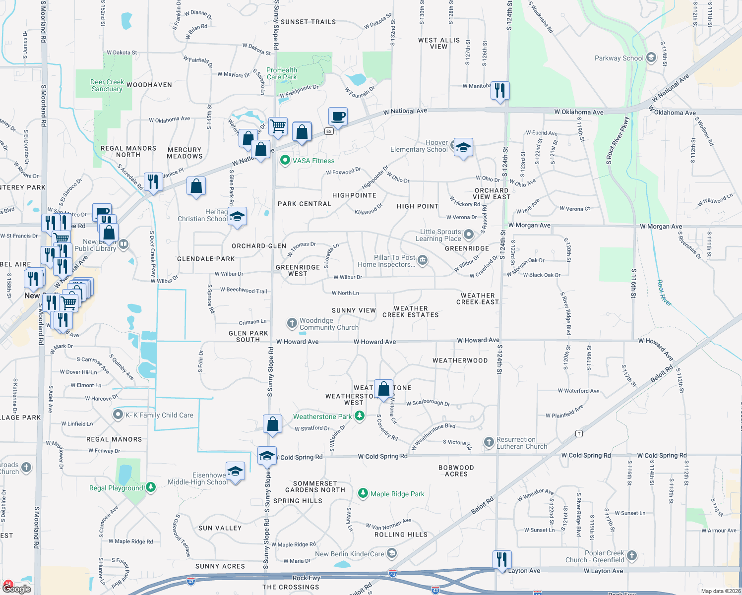 map of restaurants, bars, coffee shops, grocery stores, and more near 3715 South Sunny View Drive in New Berlin