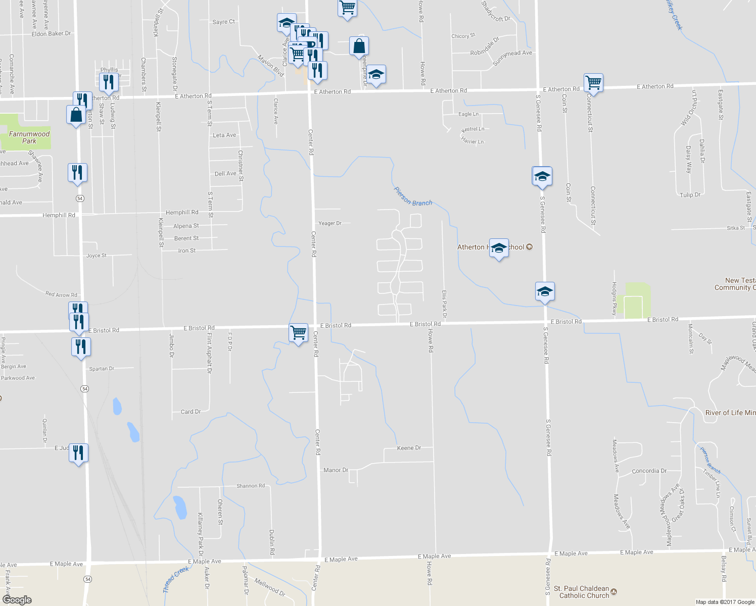 map of restaurants, bars, coffee shops, grocery stores, and more near 3483 Trumpwood in Burton