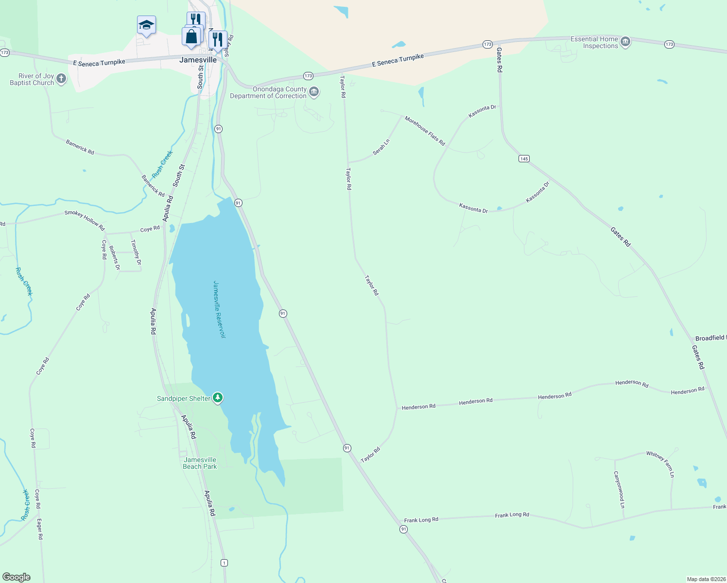 map of restaurants, bars, coffee shops, grocery stores, and more near 4257 Taylor Rd in Jamesville