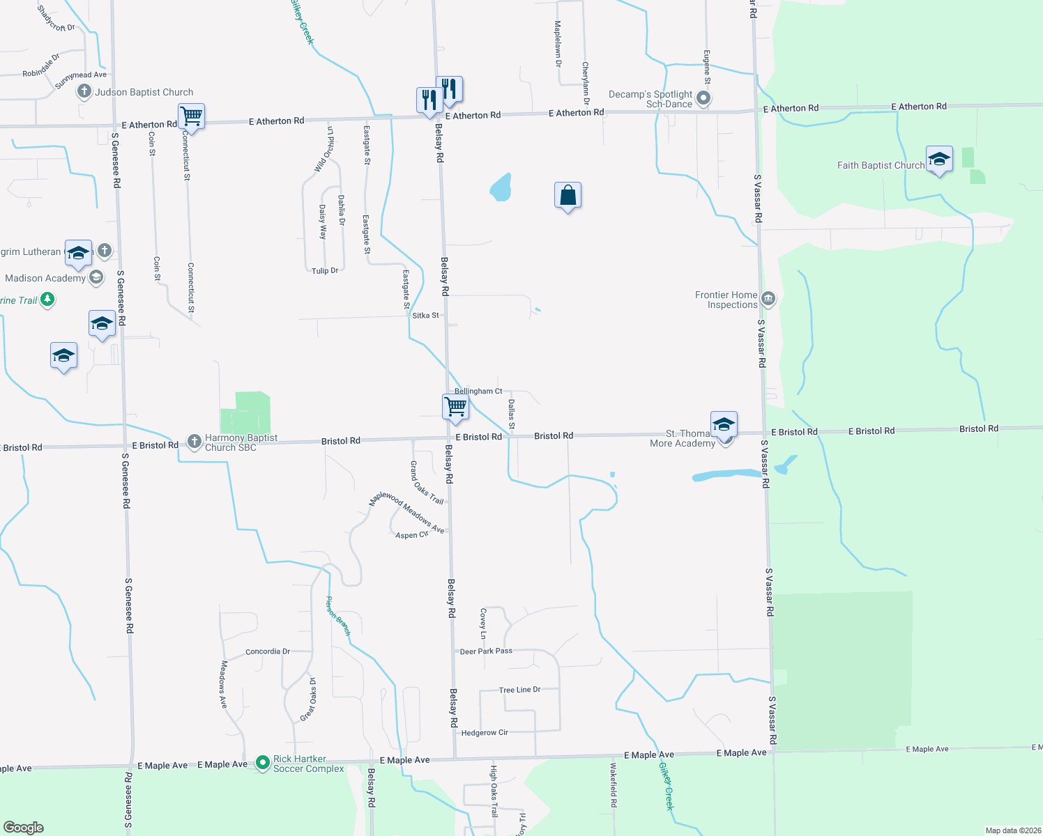map of restaurants, bars, coffee shops, grocery stores, and more near 3493 Dallas Street in Burton