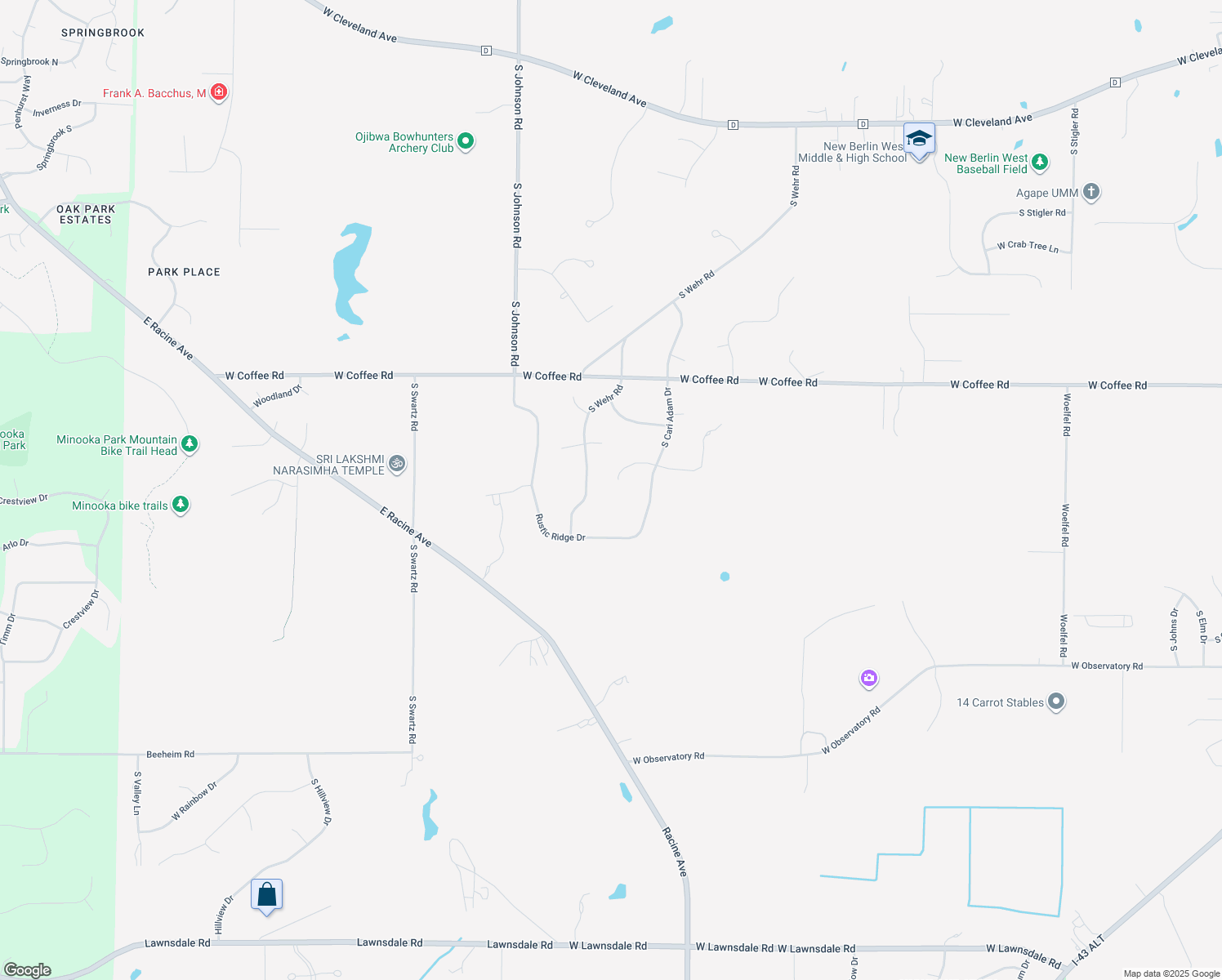map of restaurants, bars, coffee shops, grocery stores, and more near 19965 West Pheasant Run Drive in New Berlin