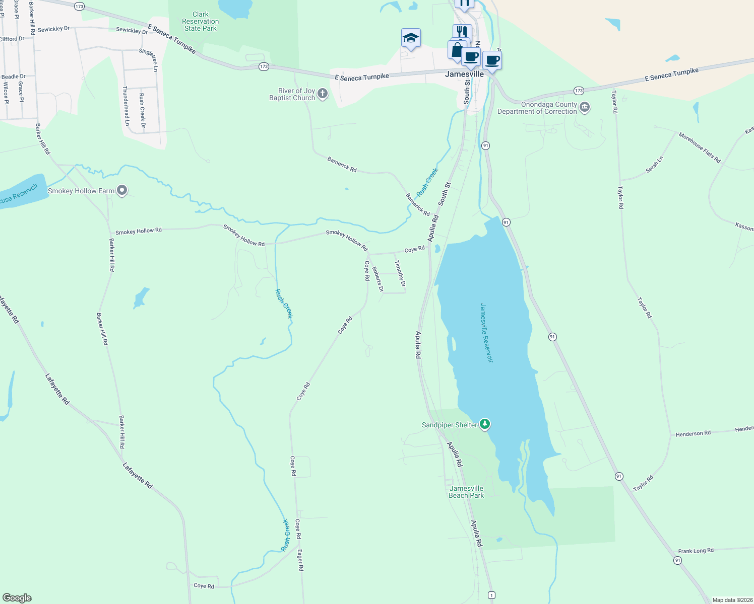 map of restaurants, bars, coffee shops, grocery stores, and more near 6396 Hedgerow Lane in Jamesville