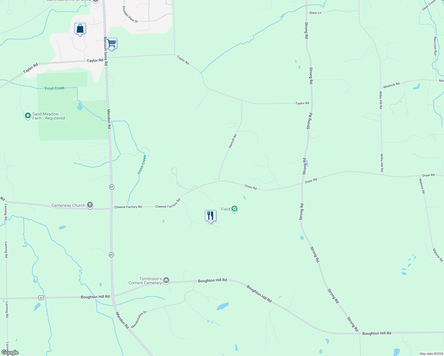 map of restaurants, bars, coffee shops, grocery stores, and more near 122 Harloff Road in Honeoye Falls