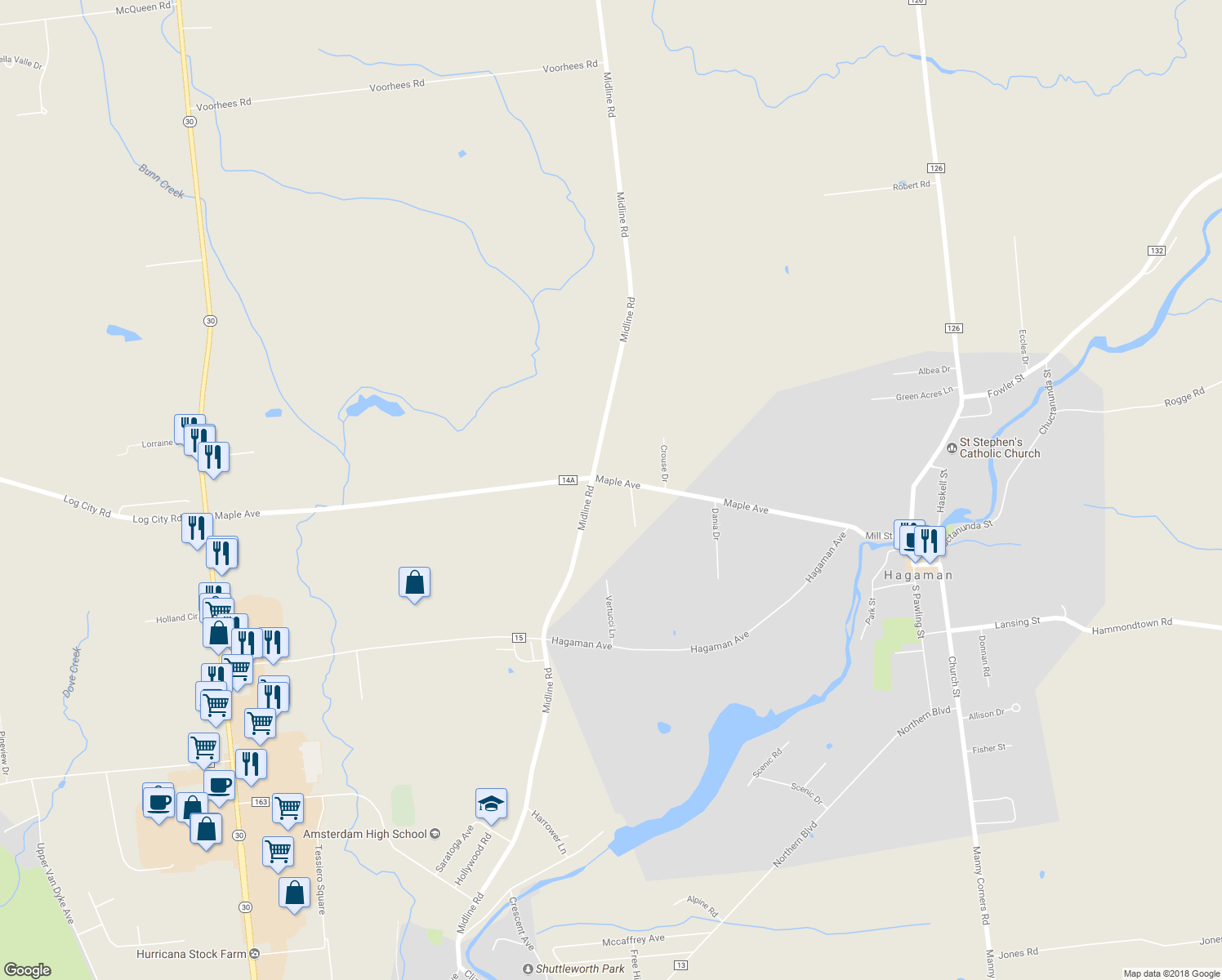 map of restaurants, bars, coffee shops, grocery stores, and more near 318 Maple Avenue in Amsterdam