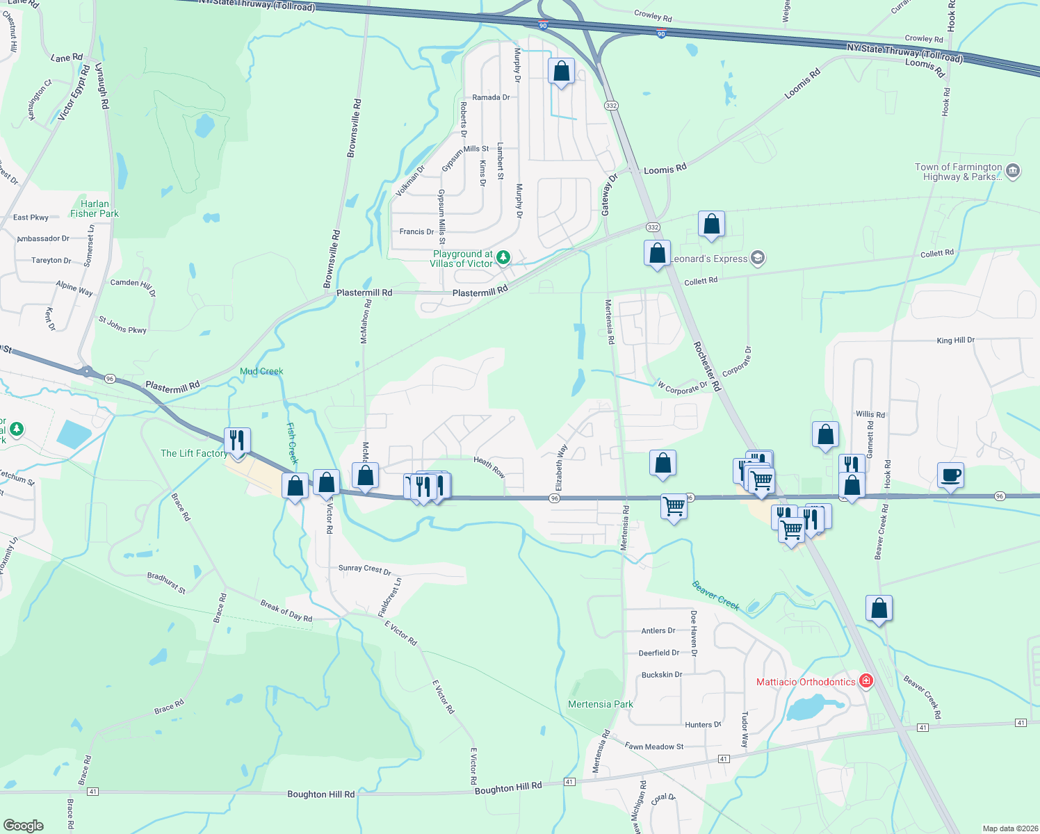 map of restaurants, bars, coffee shops, grocery stores, and more near 1125 Ridge Crest Dr in Victor