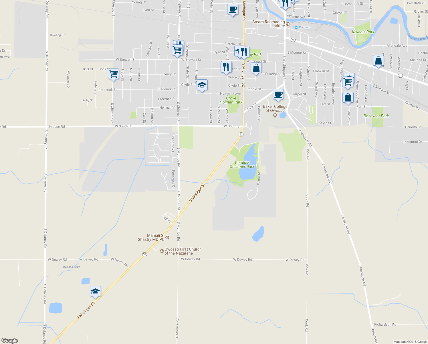 map of restaurants, bars, coffee shops, grocery stores, and more near 1525 Michigan 52 in Owosso