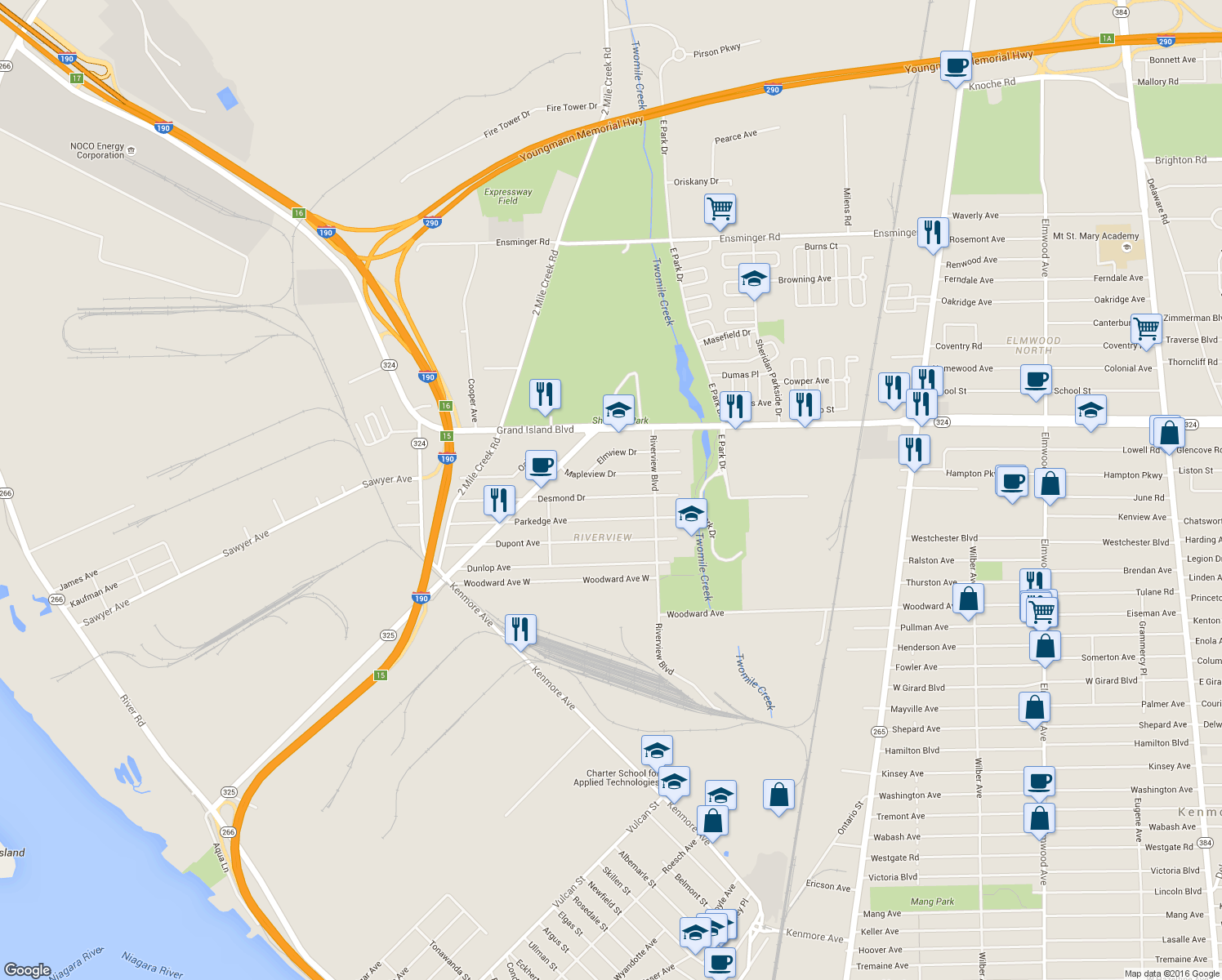 map of restaurants, bars, coffee shops, grocery stores, and more near 316 Desmond Drive in Tonawanda