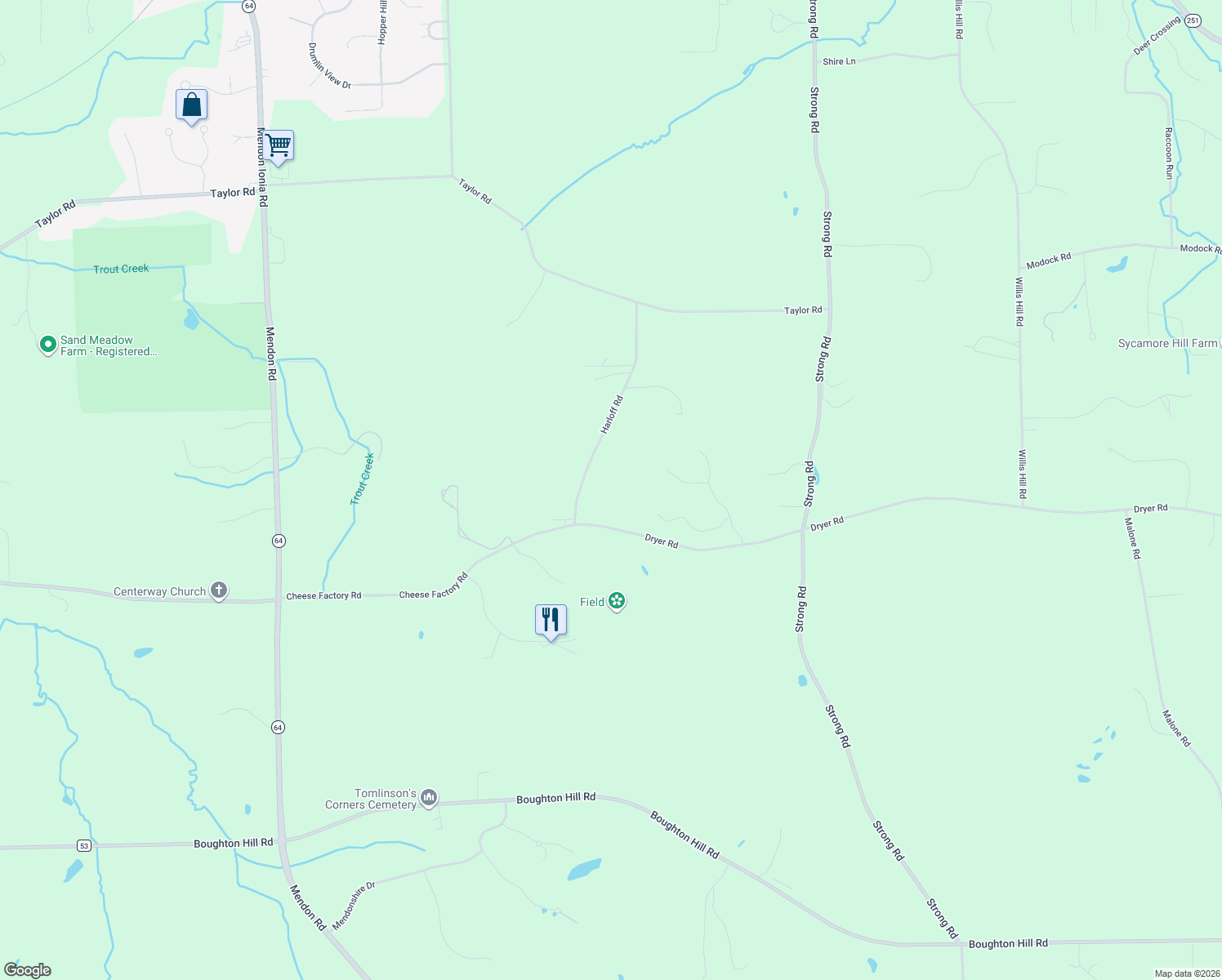 map of restaurants, bars, coffee shops, grocery stores, and more near 98 Harloff Road in Honeoye Falls