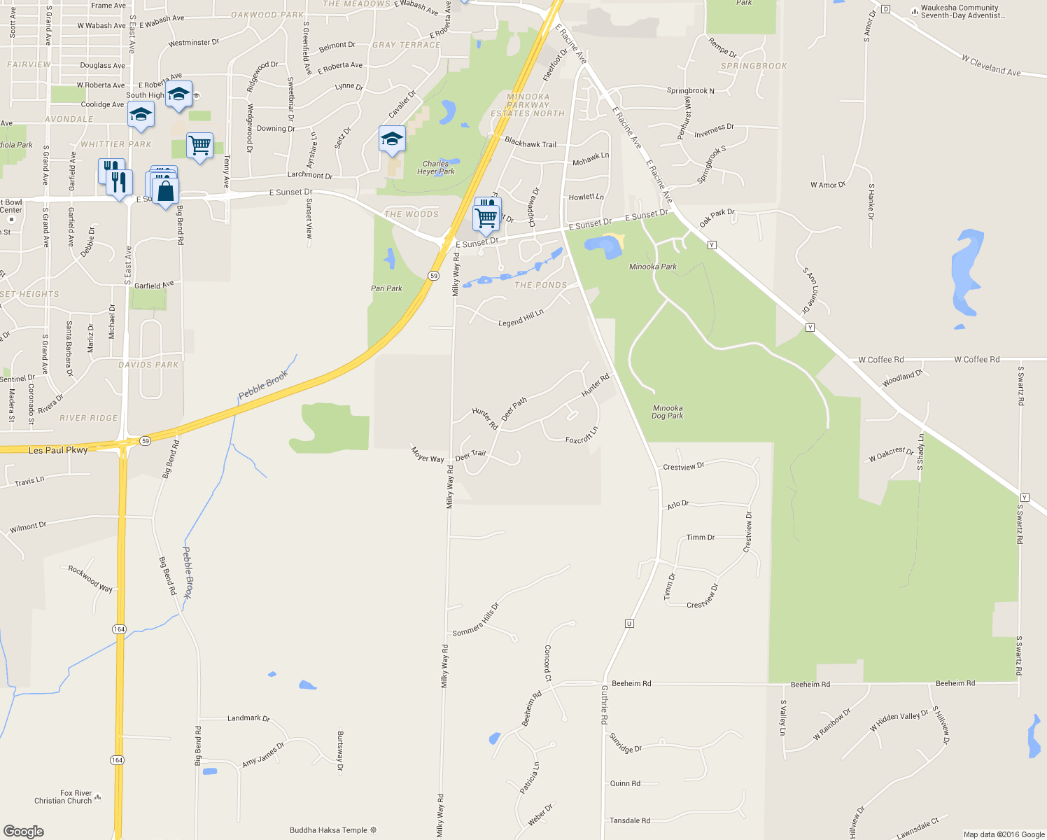 map of restaurants, bars, coffee shops, grocery stores, and more near 1656 Hunter Rd in Waukesha