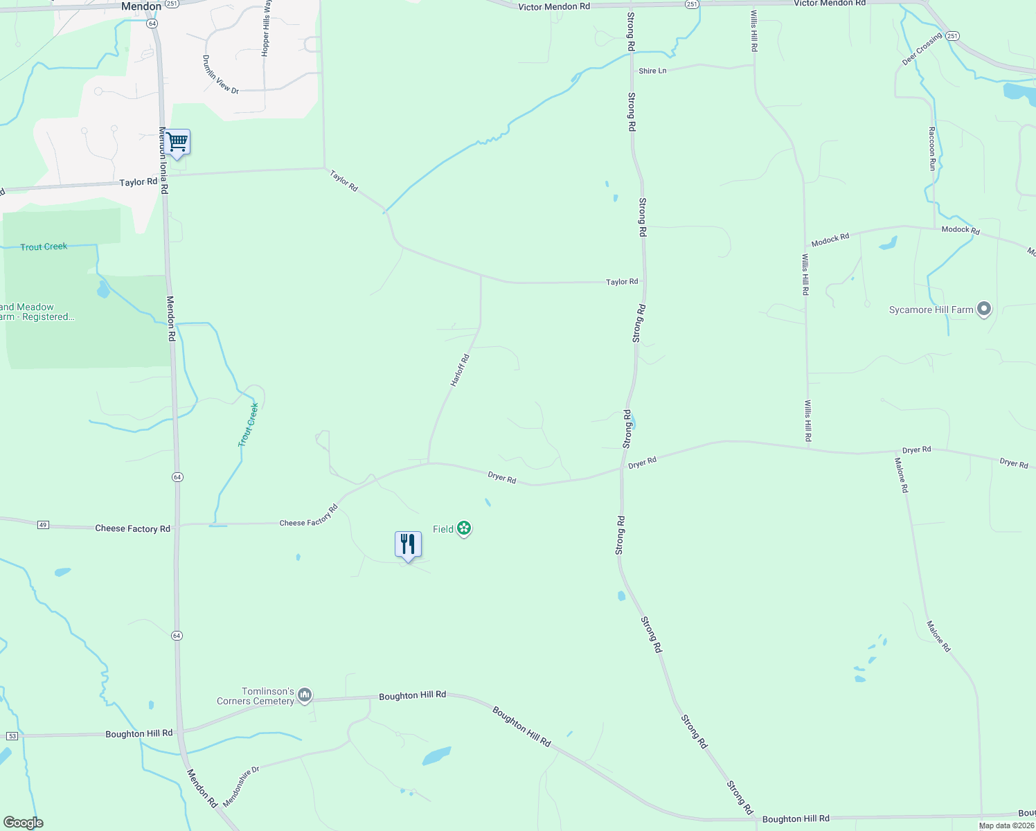 map of restaurants, bars, coffee shops, grocery stores, and more near 8076 Oak Canyon Drive in Victor