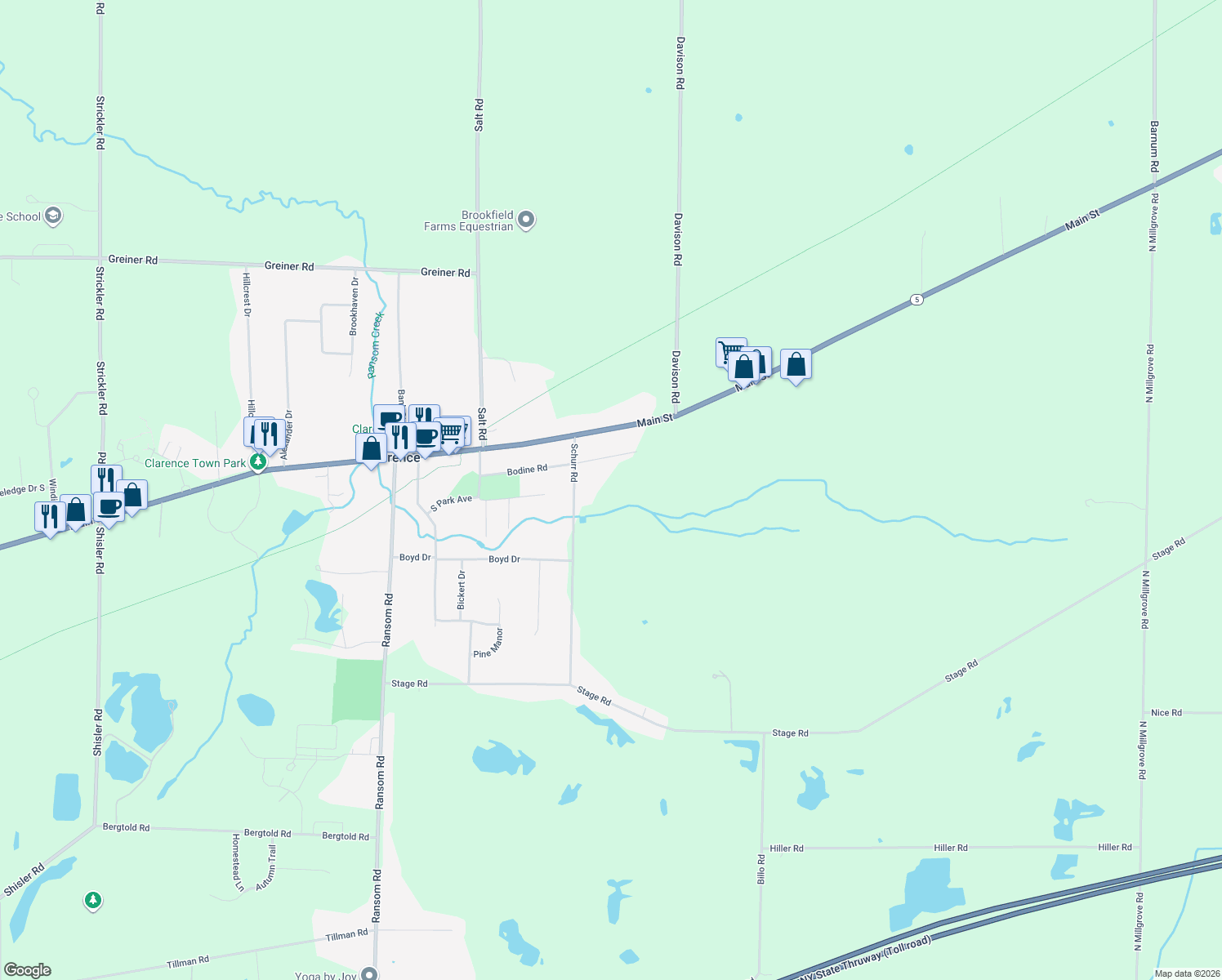 map of restaurants, bars, coffee shops, grocery stores, and more near 10935 Bodine Rd in Clarence