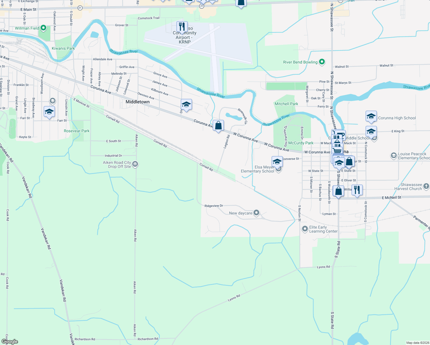 map of restaurants, bars, coffee shops, grocery stores, and more near 1868 Cornell Road in Corunna