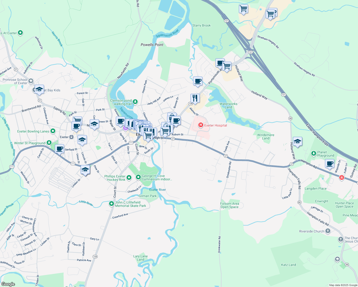 map of restaurants, bars, coffee shops, grocery stores, and more near 8 Gardner Street in Exeter