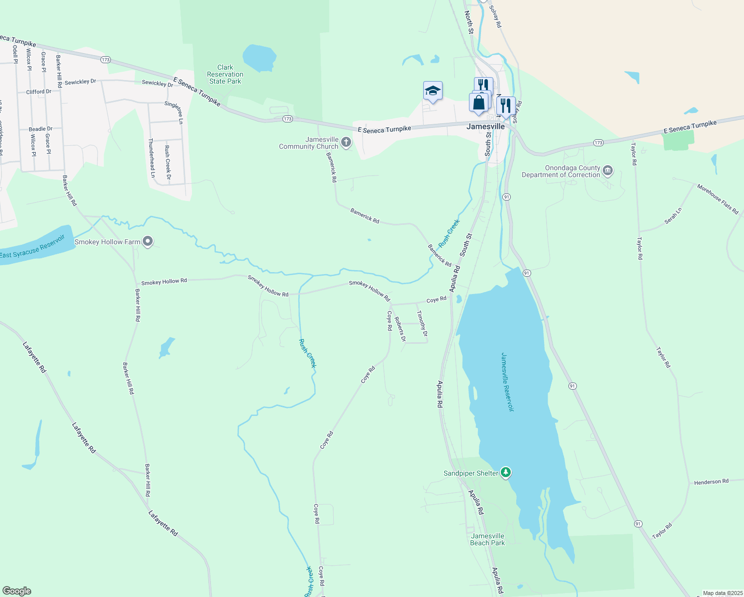 map of restaurants, bars, coffee shops, grocery stores, and more near 6358 Smokey Hollow Road in Jamesville
