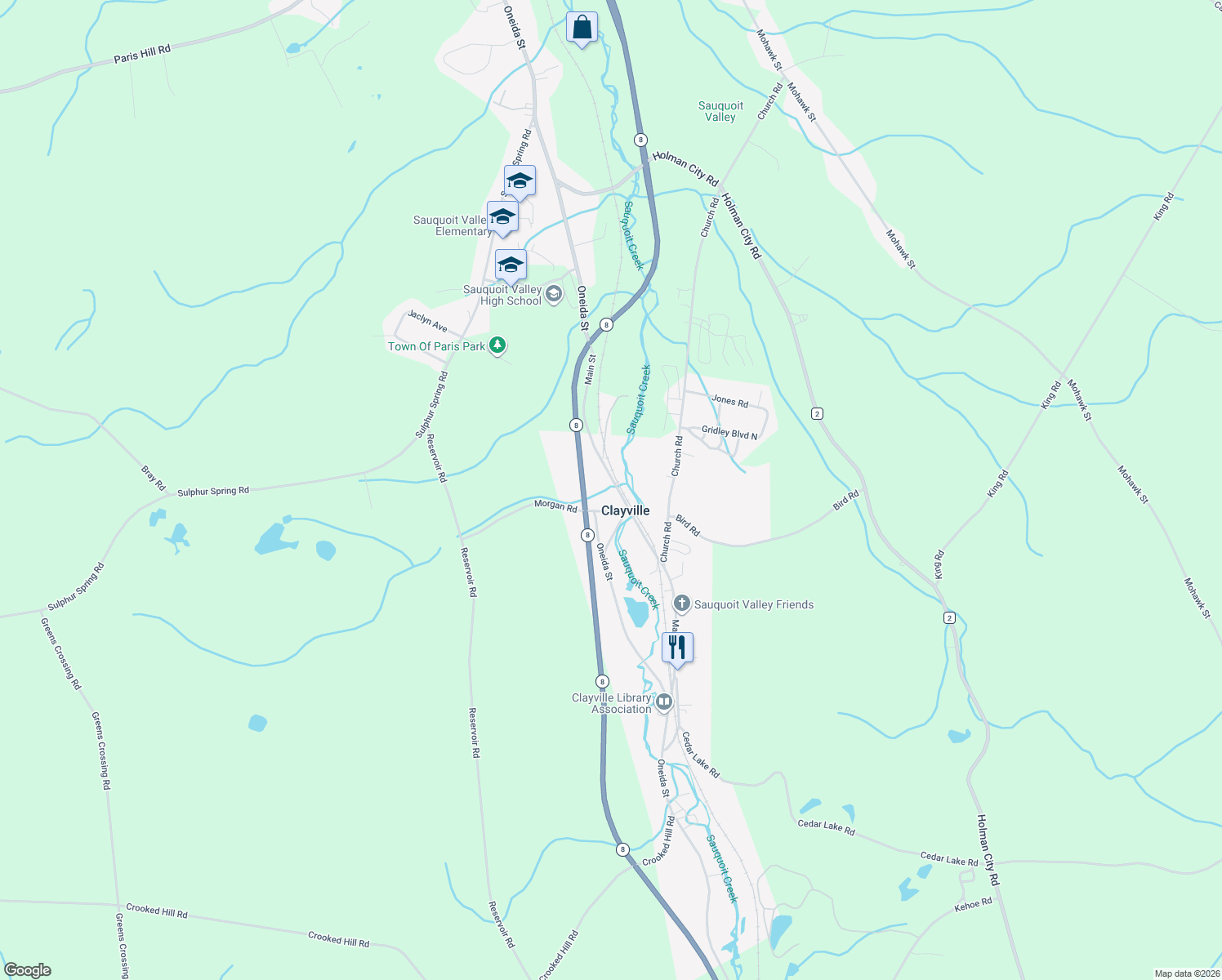 map of restaurants, bars, coffee shops, grocery stores, and more near 2441 Main St in Clayville