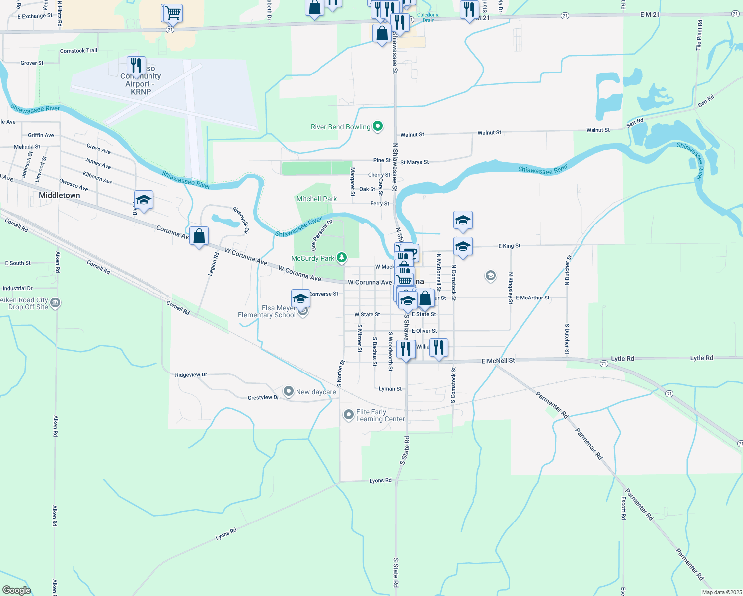 map of restaurants, bars, coffee shops, grocery stores, and more near 324 W Mcarthur St in Corunna