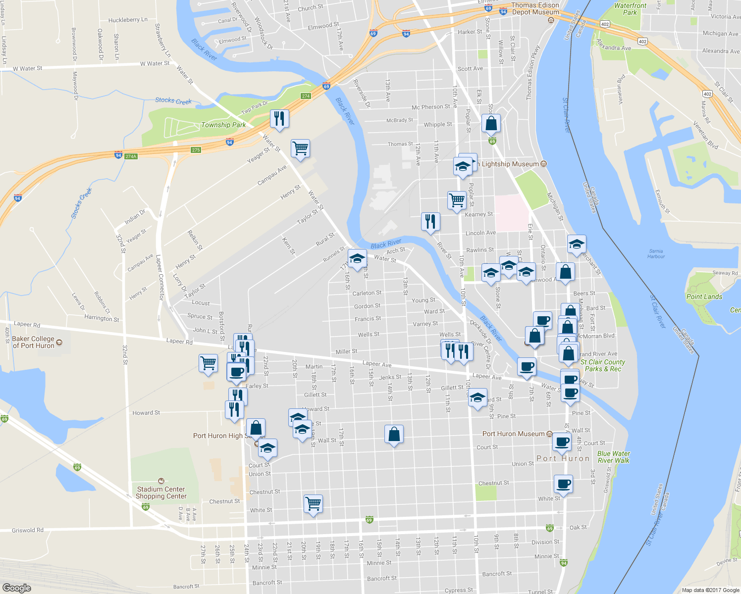 map of restaurants, bars, coffee shops, grocery stores, and more near 208 15th Street in Port Huron