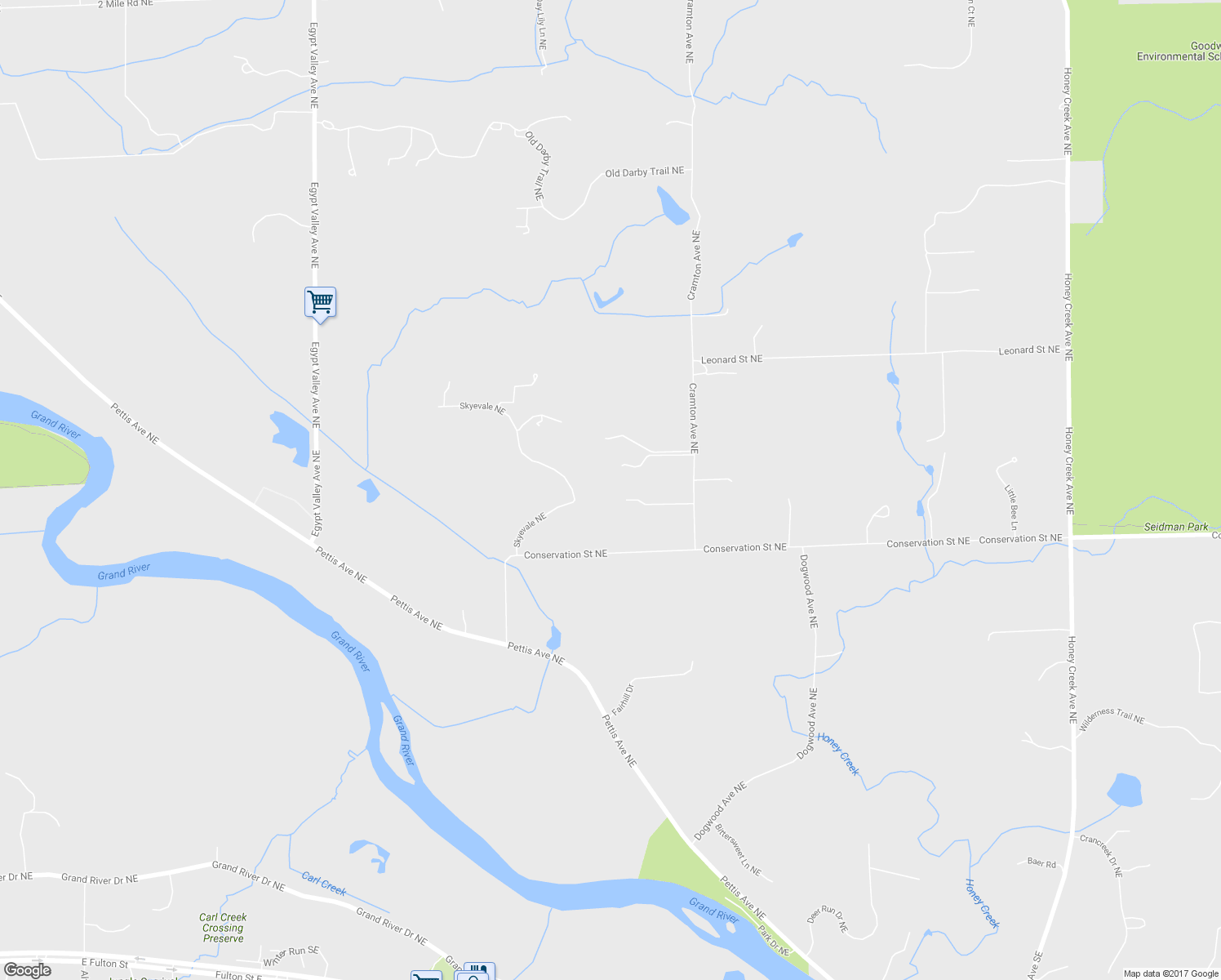 map of restaurants, bars, coffee shops, grocery stores, and more near 925 Cramton Avenue Northeast in Ada