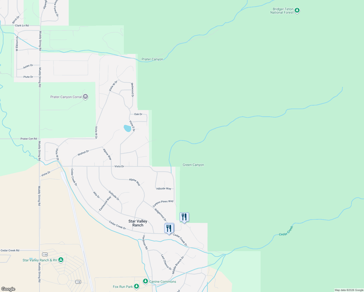 map of restaurants, bars, coffee shops, grocery stores, and more near 1117-1195 Vista Drive in Star Valley Ranch