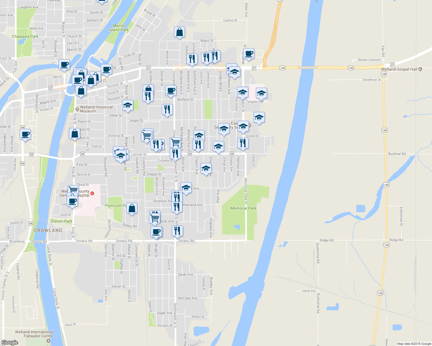 map of restaurants, bars, coffee shops, grocery stores, and more near 106 Lewis Street in Welland