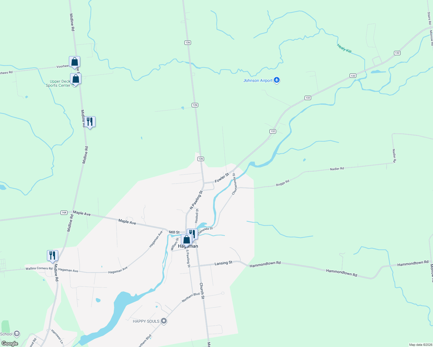map of restaurants, bars, coffee shops, grocery stores, and more near 19 Fowler Street in Hagaman