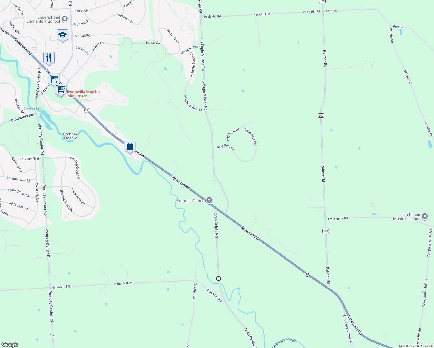 map of restaurants, bars, coffee shops, grocery stores, and more near 4370 Oran Station Road in Manlius