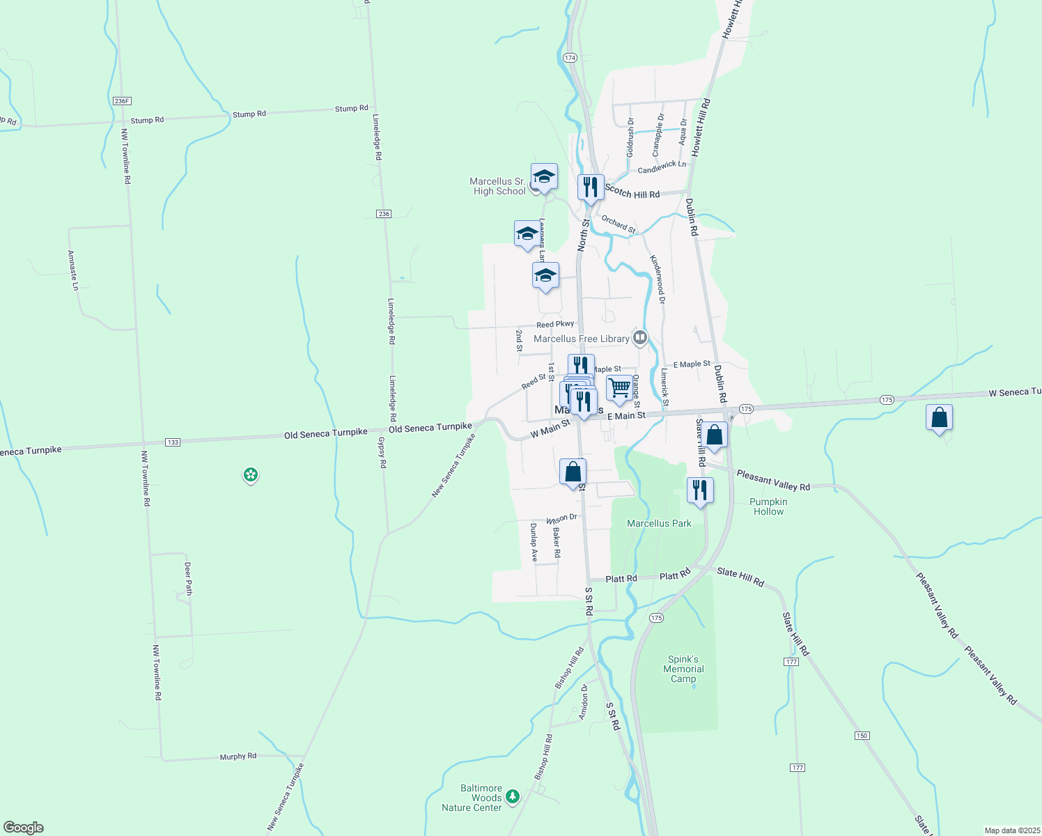 map of restaurants, bars, coffee shops, grocery stores, and more near 1 Kelly Ave in Marcellus