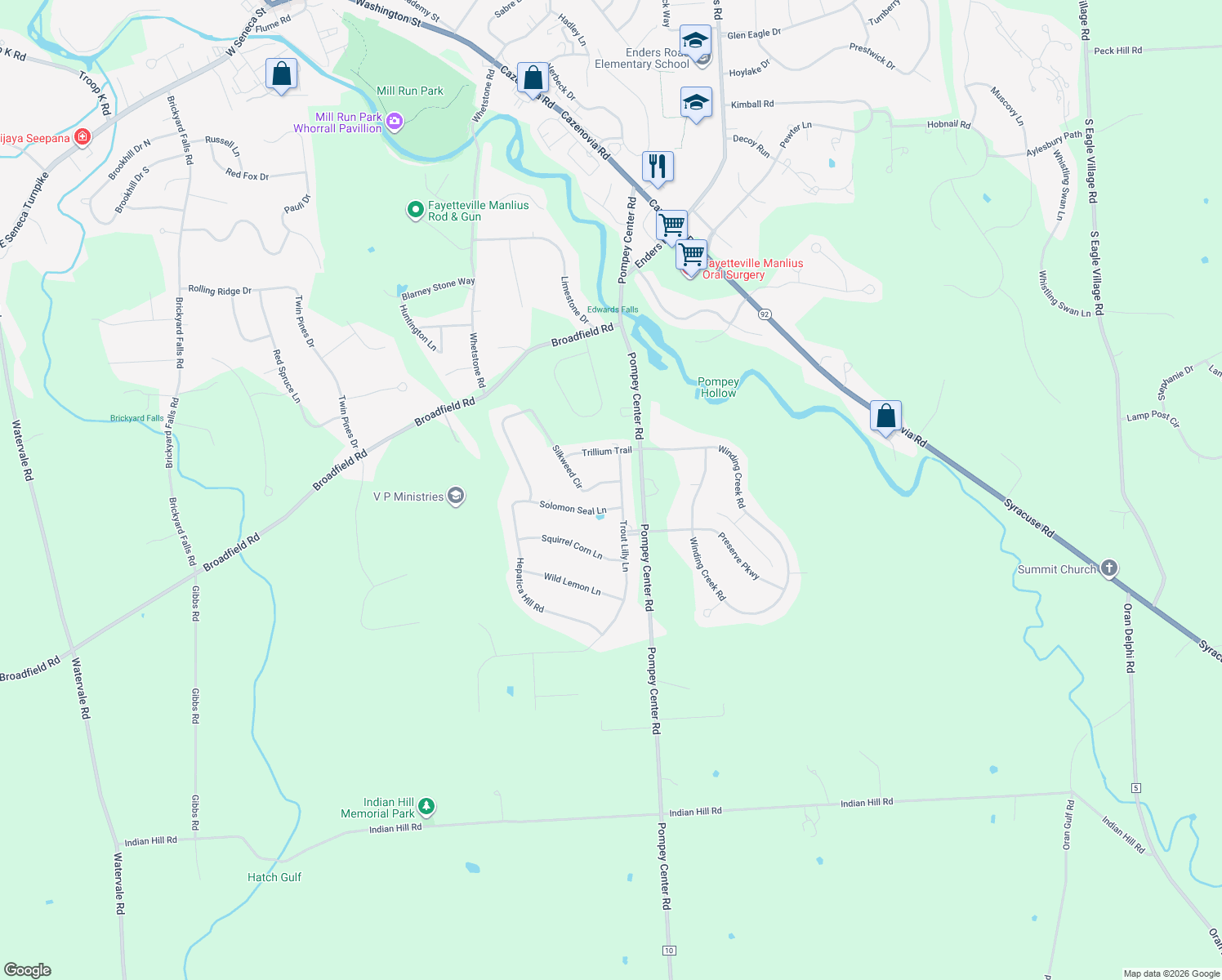 map of restaurants, bars, coffee shops, grocery stores, and more near 4329 Trout Lilly Ln in Manlius