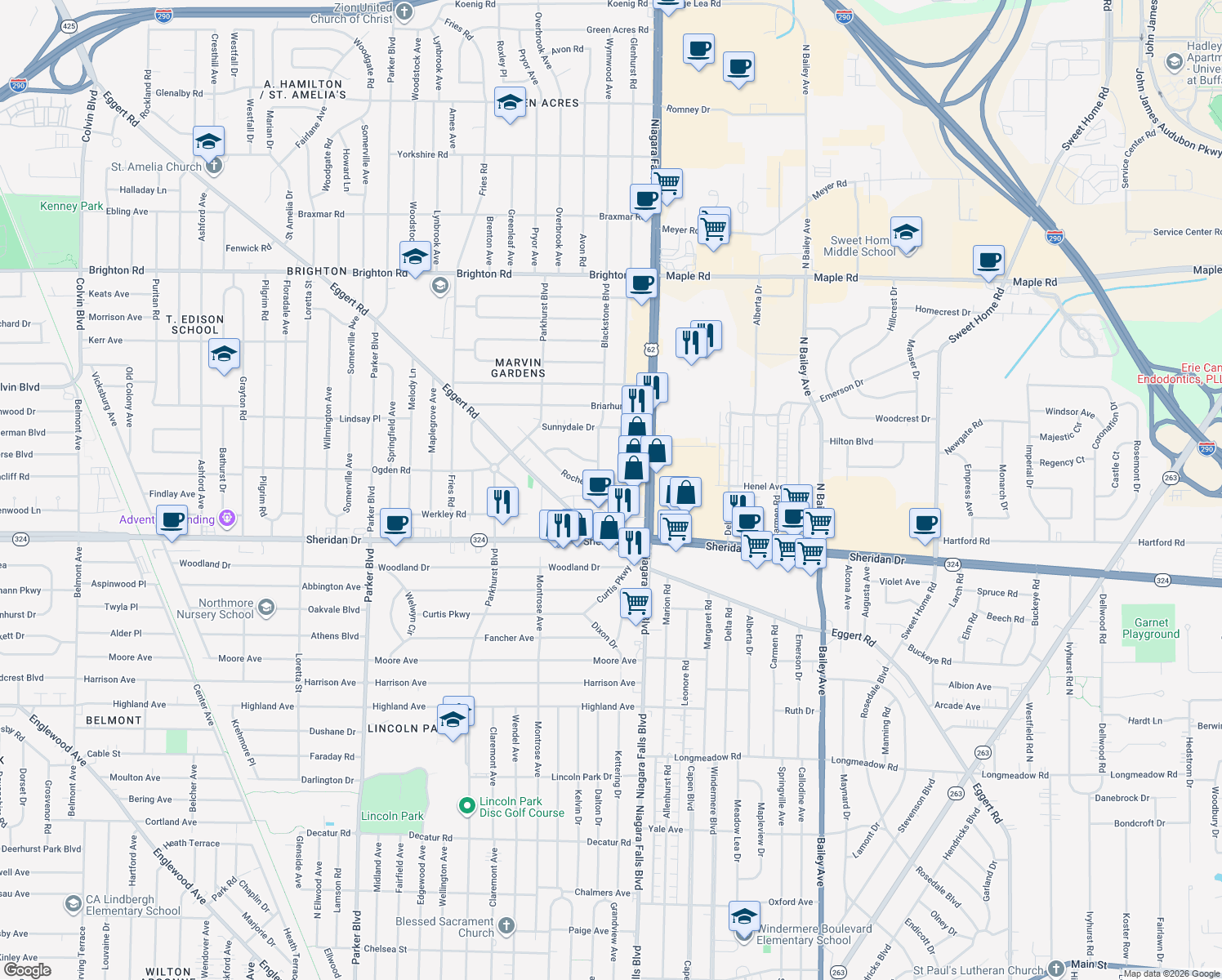 map of restaurants, bars, coffee shops, grocery stores, and more near 115 Rochelle Park in Tonawanda