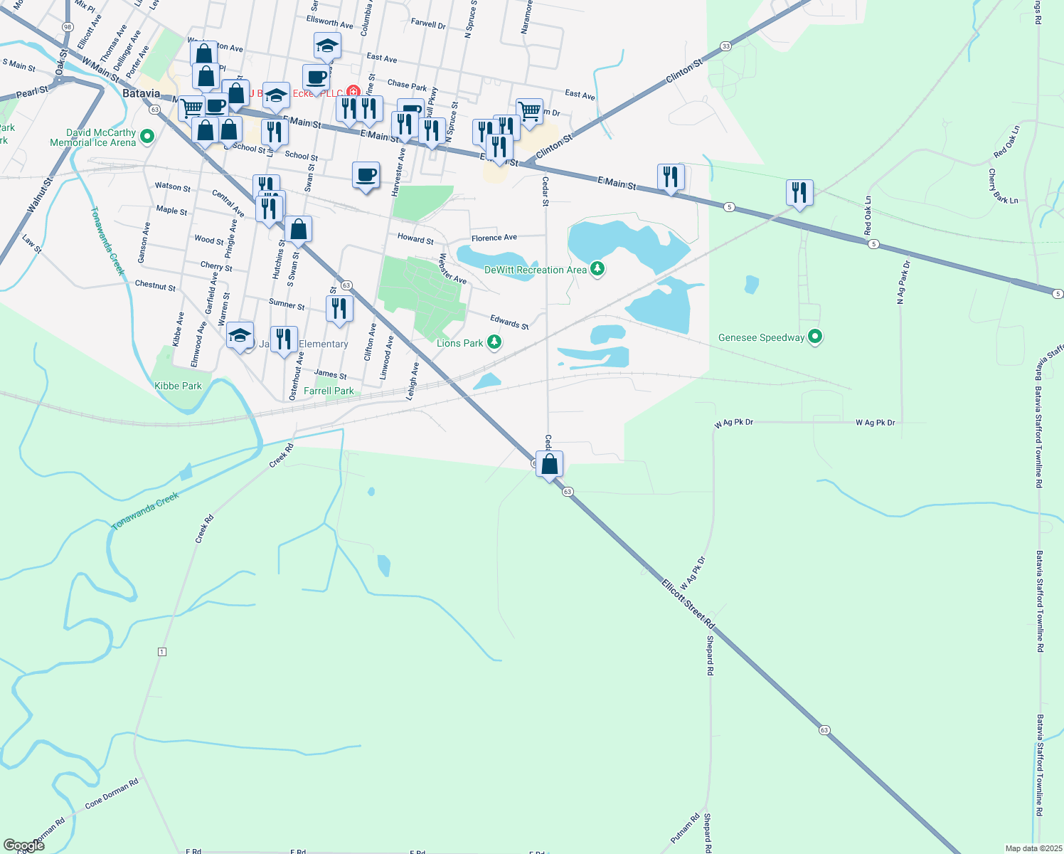 map of restaurants, bars, coffee shops, grocery stores, and more near 669 Ellicott Street in Batavia