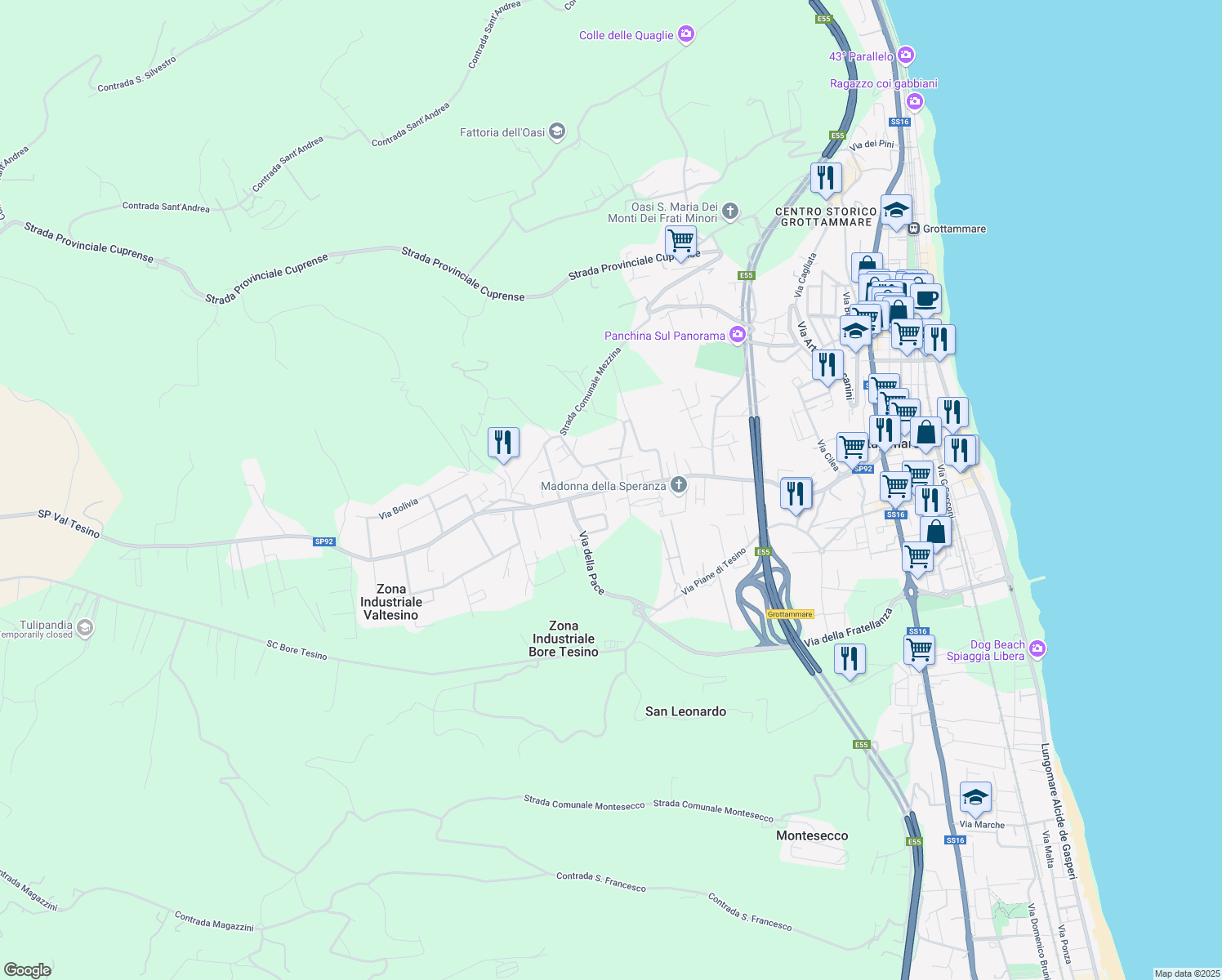 map of restaurants, bars, coffee shops, grocery stores, and more near 236 Strada Provinciale Val Tesino in Grottammare