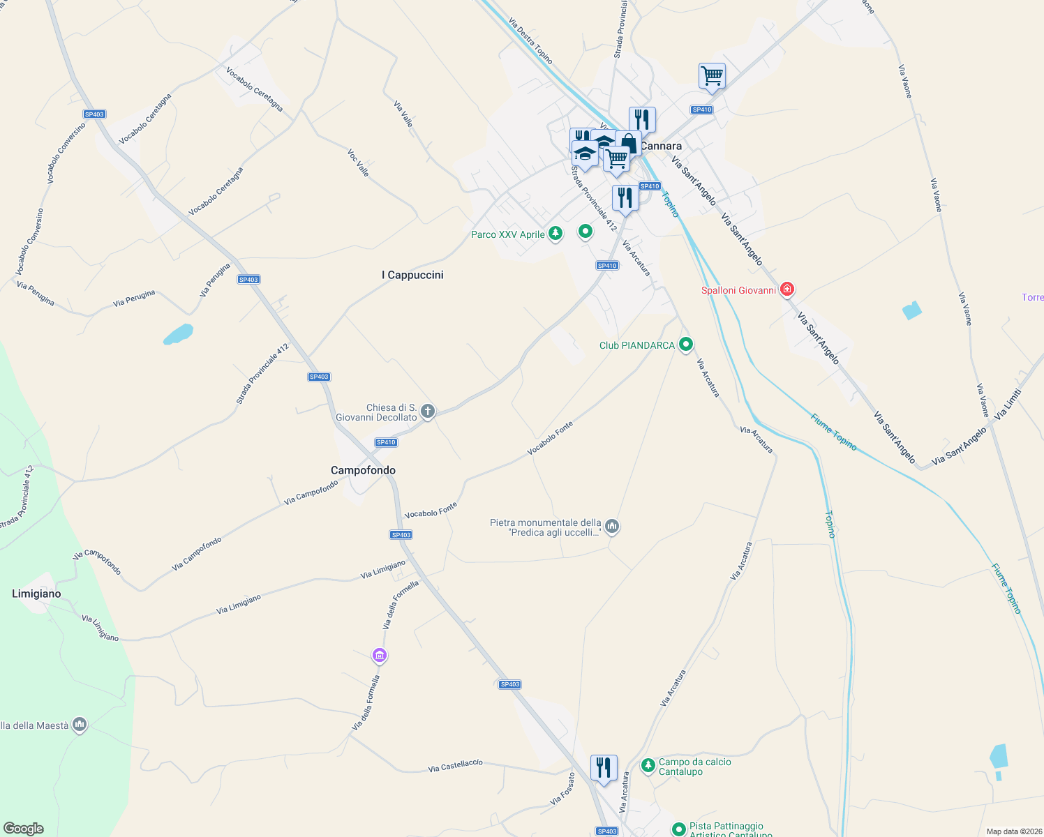 map of restaurants, bars, coffee shops, grocery stores, and more near 43 Vocabolo Selvetta in Cannara