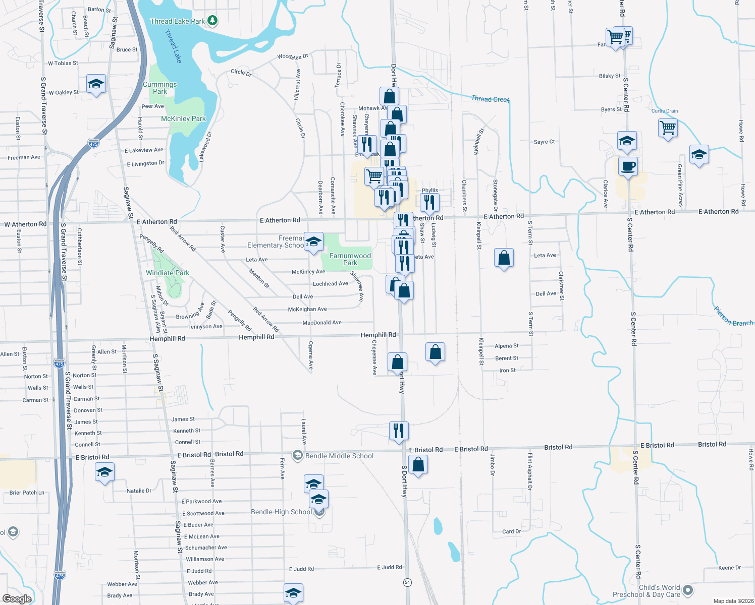 map of restaurants, bars, coffee shops, grocery stores, and more near 4419 Cheyenne Avenue in Flint