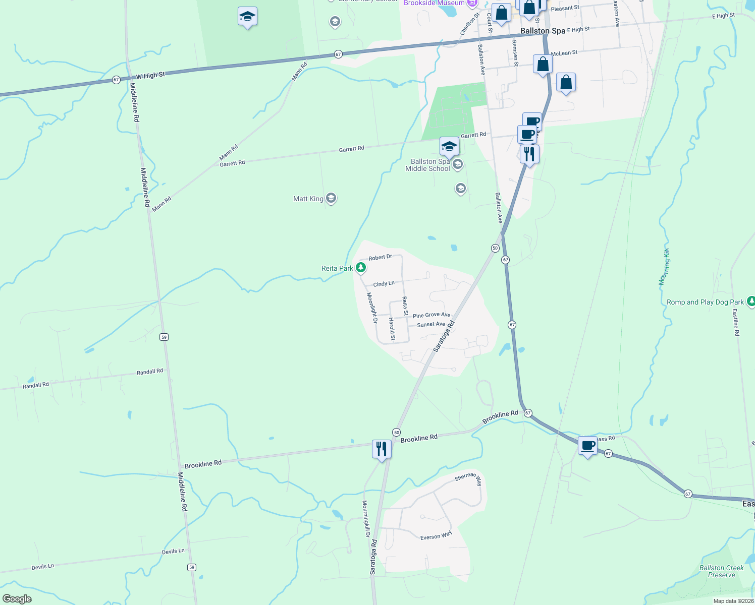 map of restaurants, bars, coffee shops, grocery stores, and more near 336 Moonlight Drive in Ballston Spa