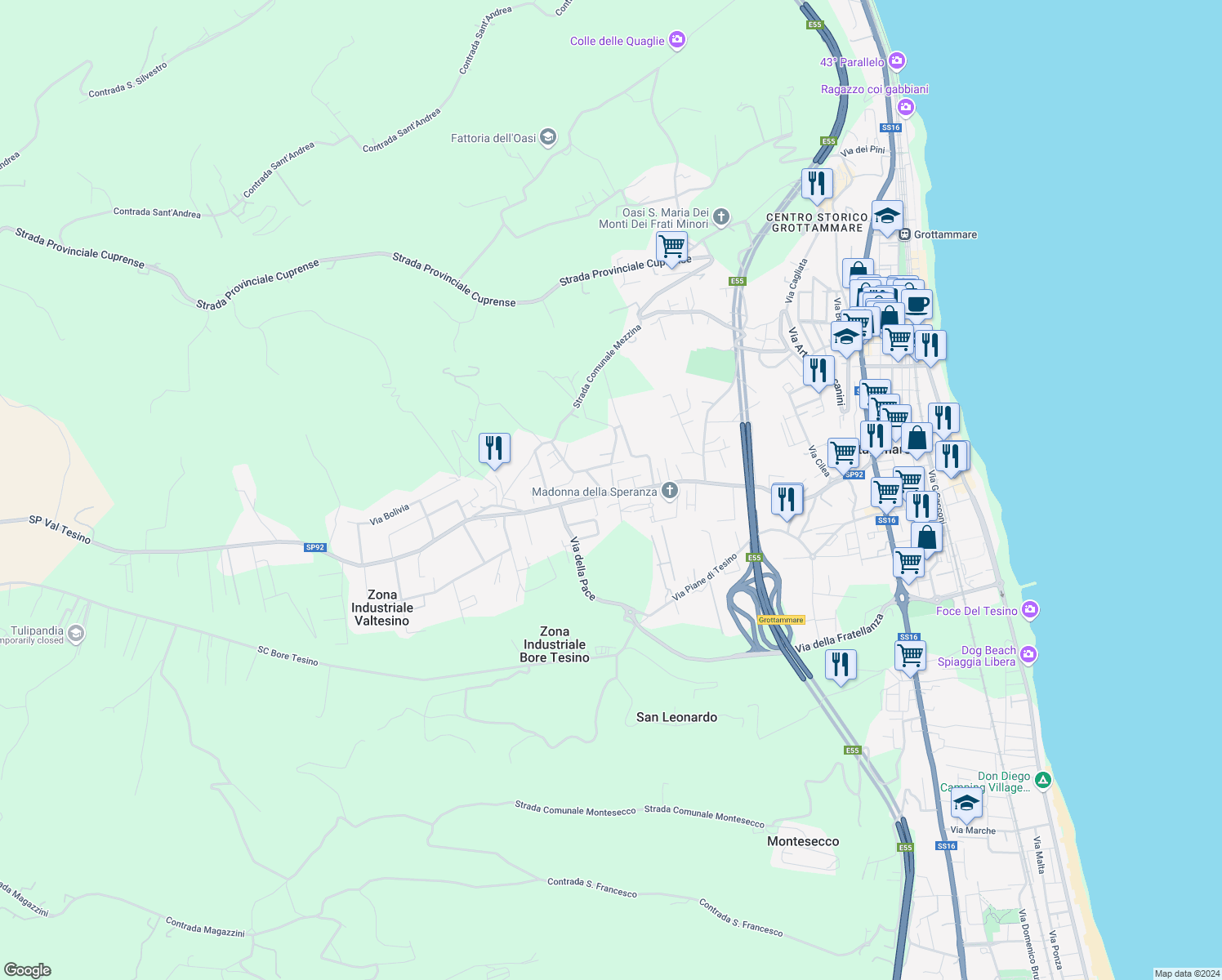 map of restaurants, bars, coffee shops, grocery stores, and more near 236 Strada Provinciale Val Tesino in Grottammare