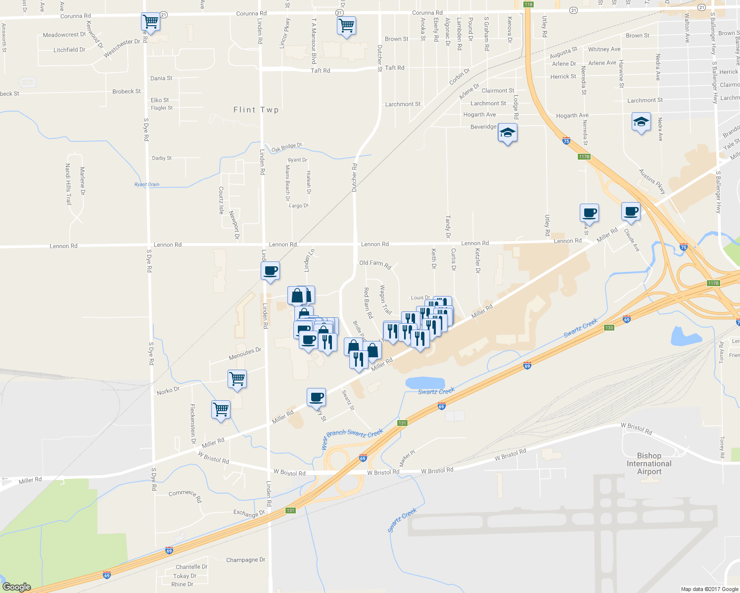 map of restaurants, bars, coffee shops, grocery stores, and more near 3117 Red Barn Road in Flint