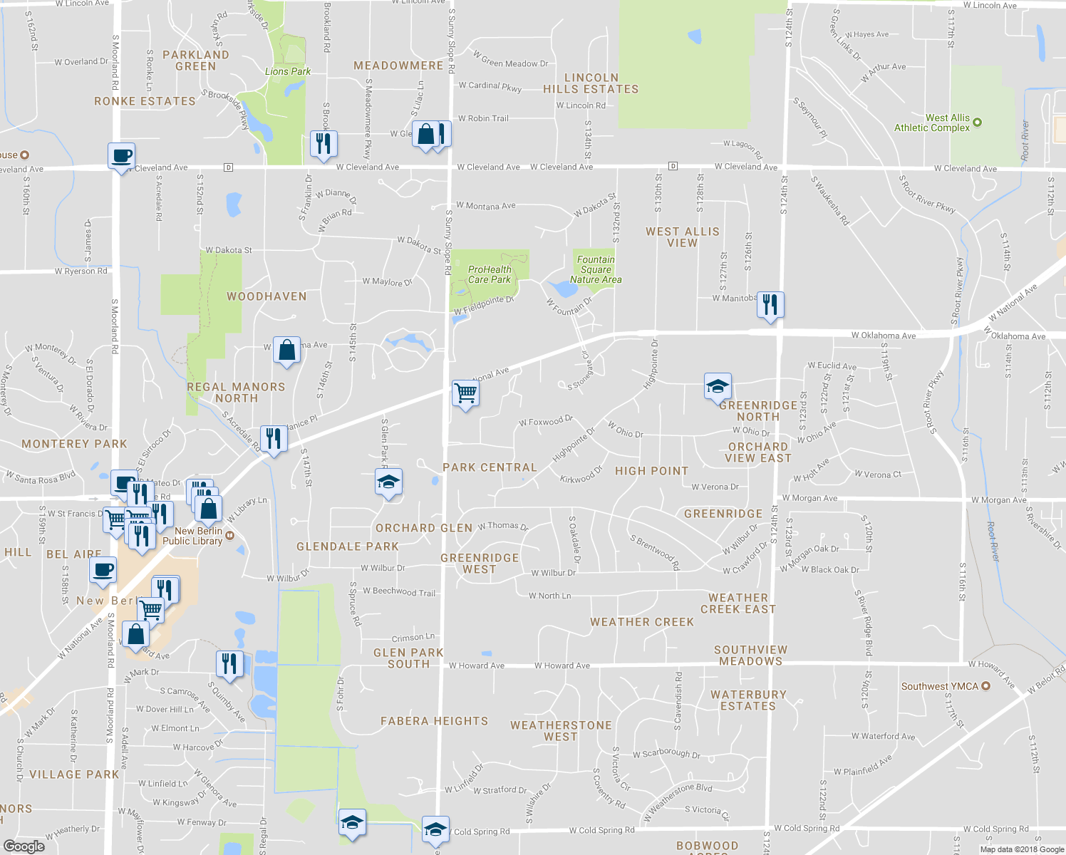 map of restaurants, bars, coffee shops, grocery stores, and more near 13575 West Foxwood Court in New Berlin