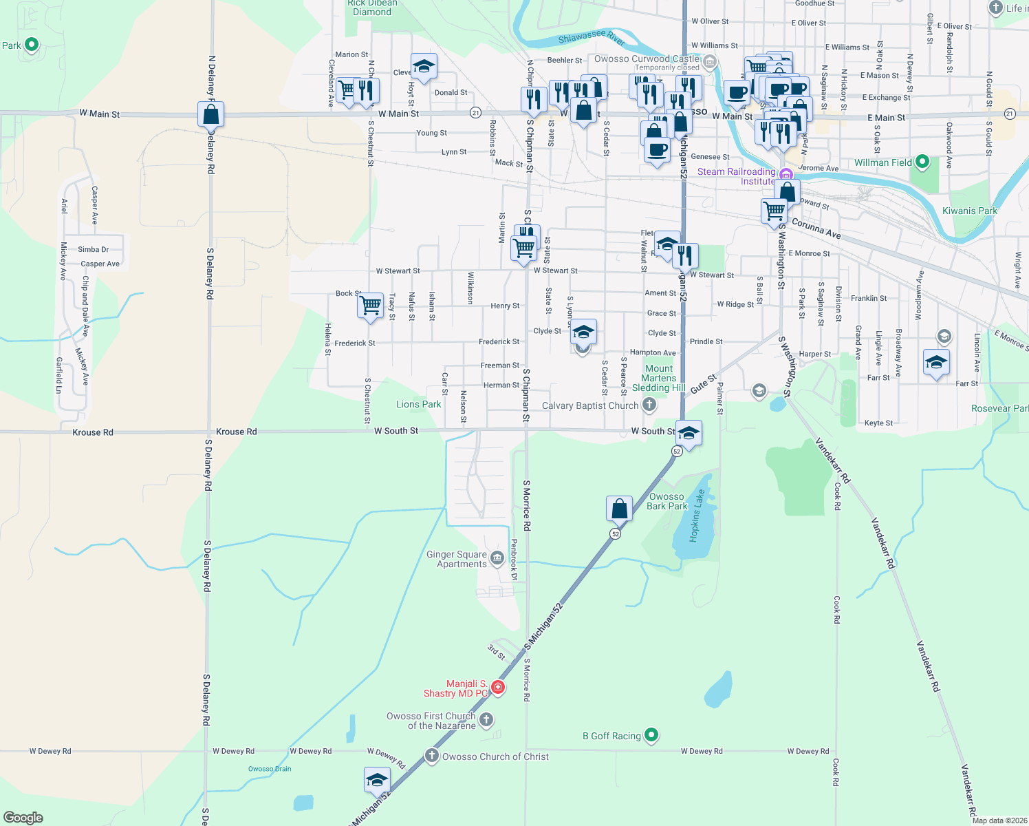 map of restaurants, bars, coffee shops, grocery stores, and more near 1215 Hiram Street in Owosso