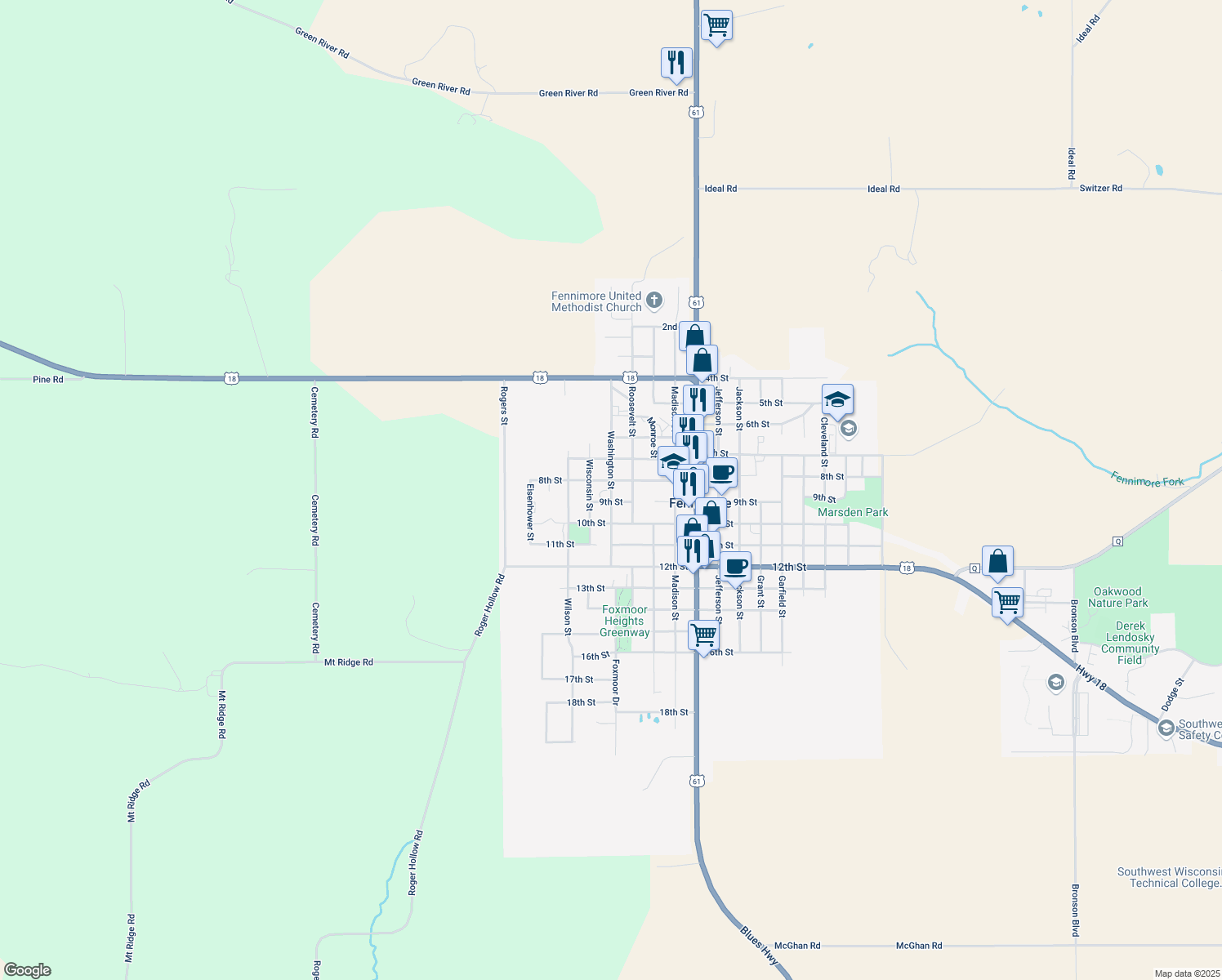 map of restaurants, bars, coffee shops, grocery stores, and more near 845 Washington Street in Fennimore